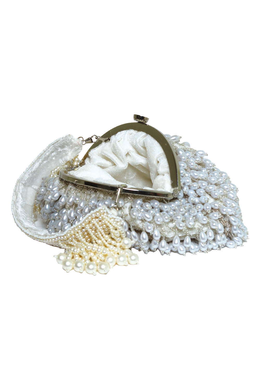 NR By Nidhi Rathi White Embroidered Tasselled Half Moon Clutch