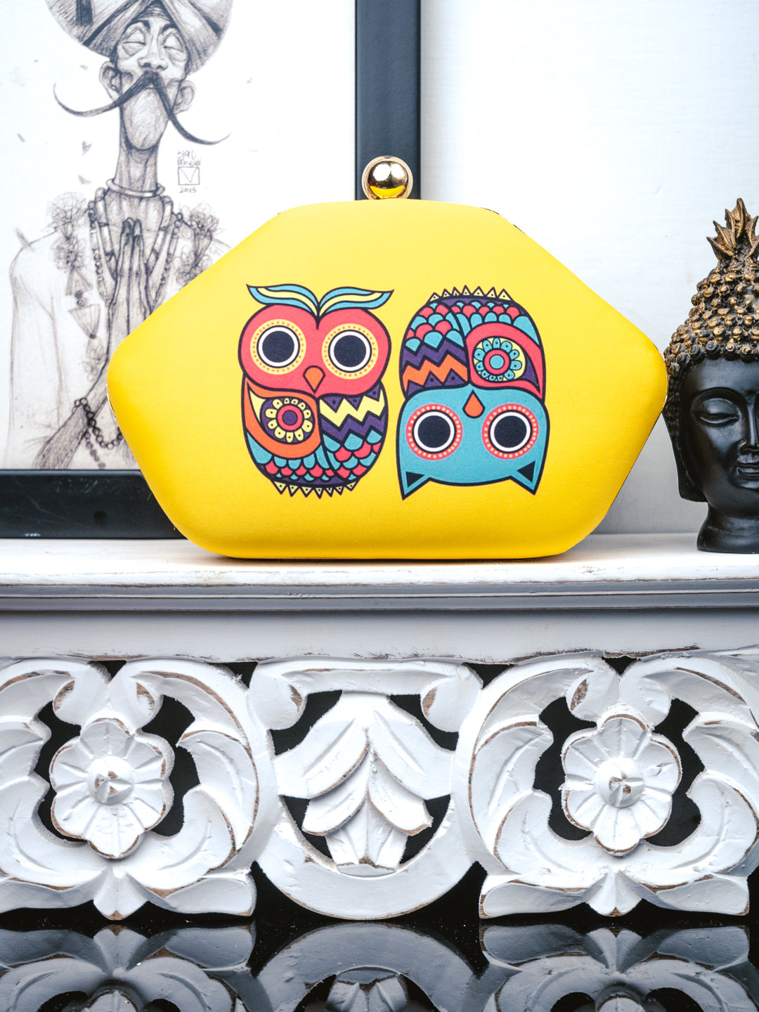 NR By Nidhi Rathi Women Yellow Owl Printed Clutch Bag