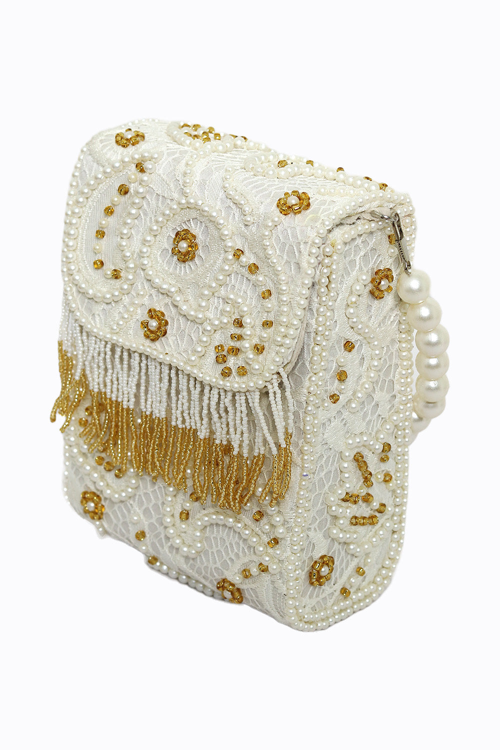 NR By Nidhi Rathi Women White Gold-Toned Embroidered Tasselled Purse Clutch