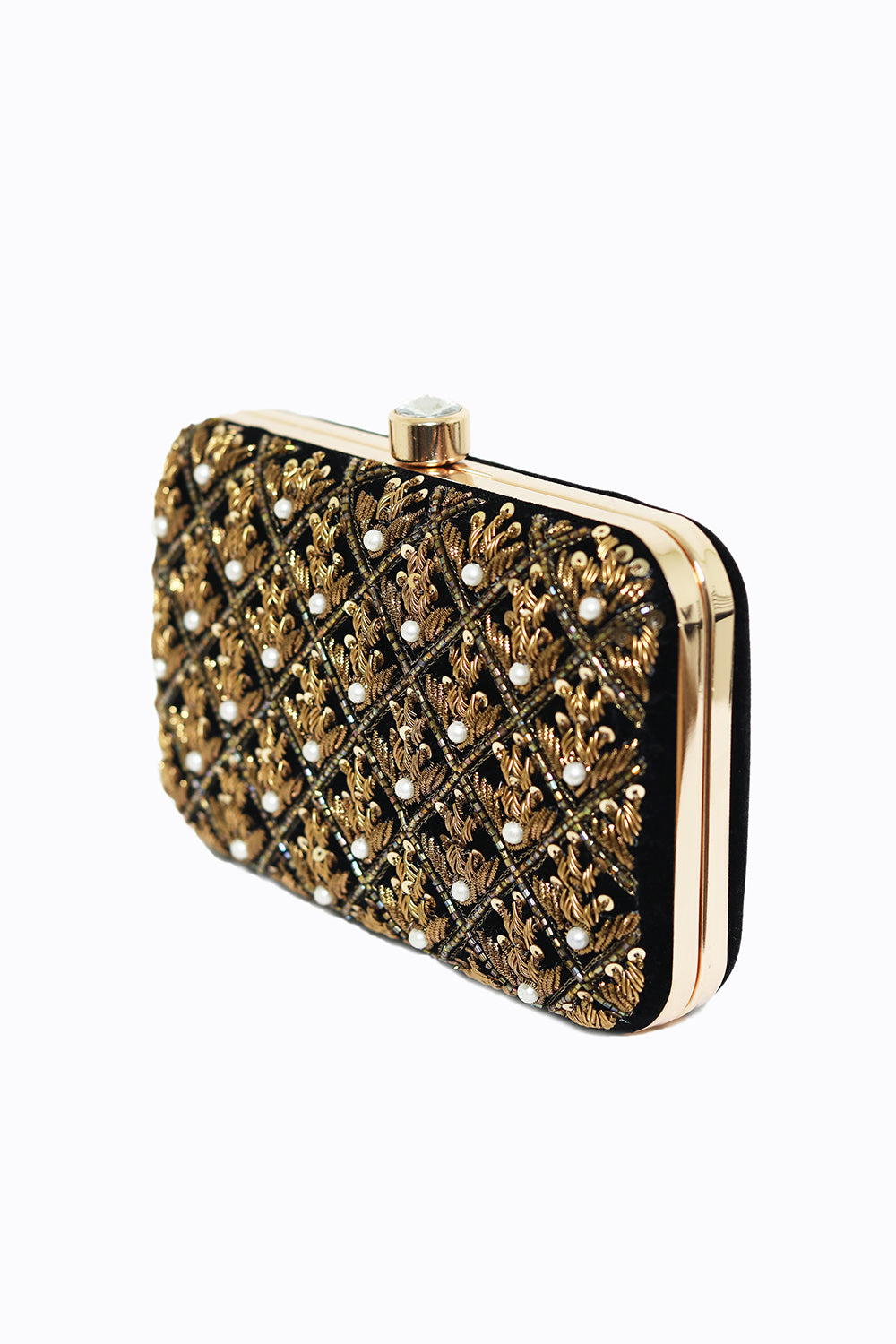NR By Nidhi Rathi Women Black Gold Embroidered Box Clutch