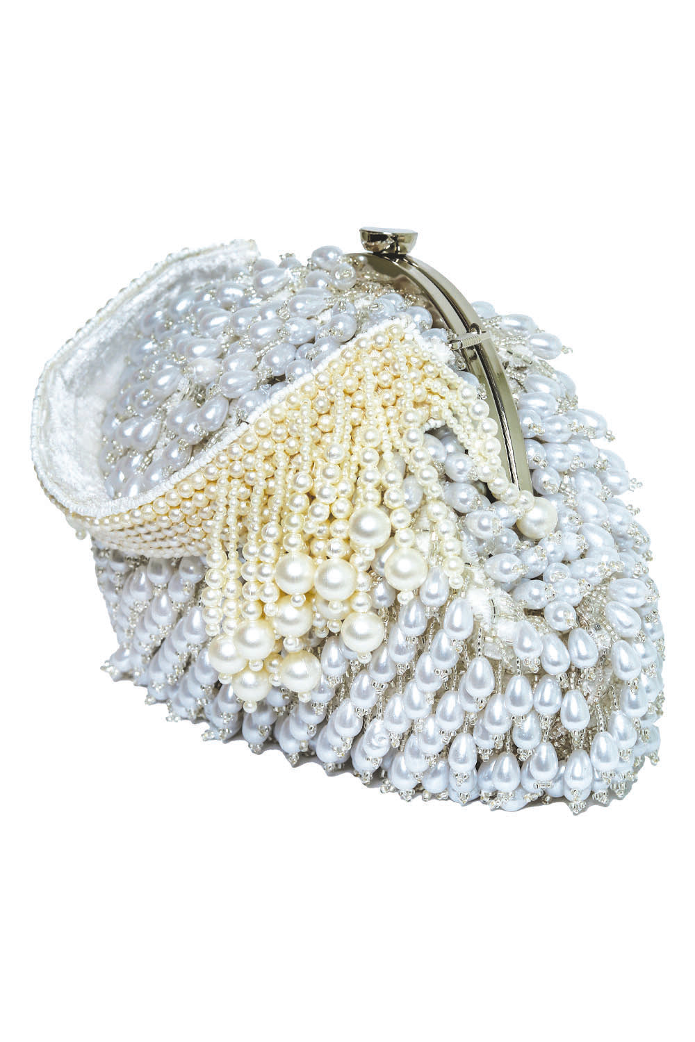 NR By Nidhi Rathi White Embroidered Tasselled Half Moon Clutch