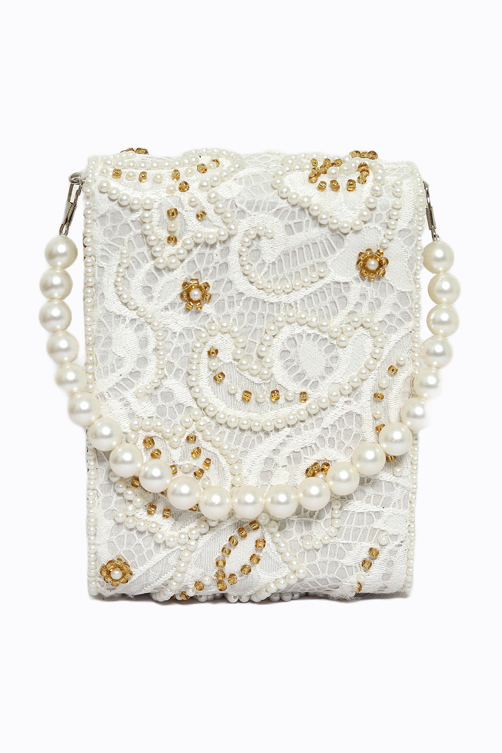 NR By Nidhi Rathi Women White Gold-Toned Embroidered Tasselled Purse Clutch