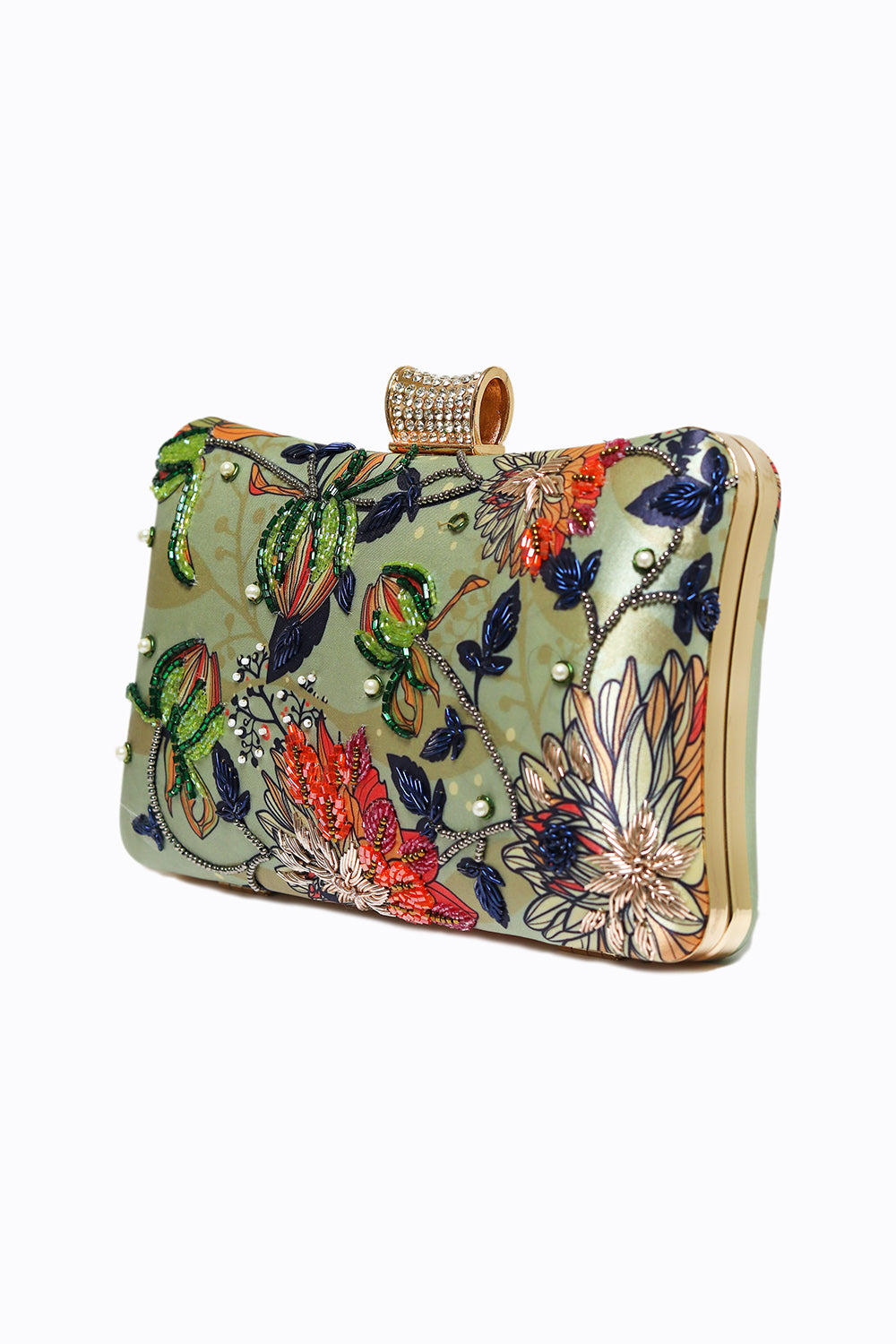 NR By Nidhi Rathi White Green Embroidered Box Clutch With Shoulder Strap