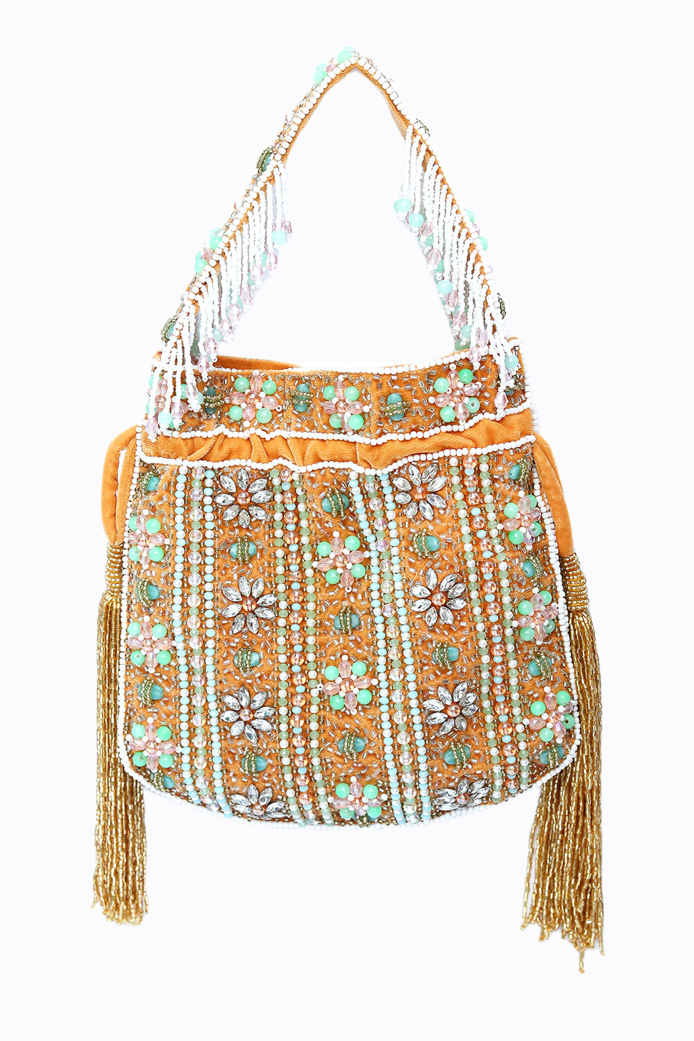 Women_Gold-Toned_Green_Embroidered_Tasselled_Potli_Clutch_nidhi_rathi