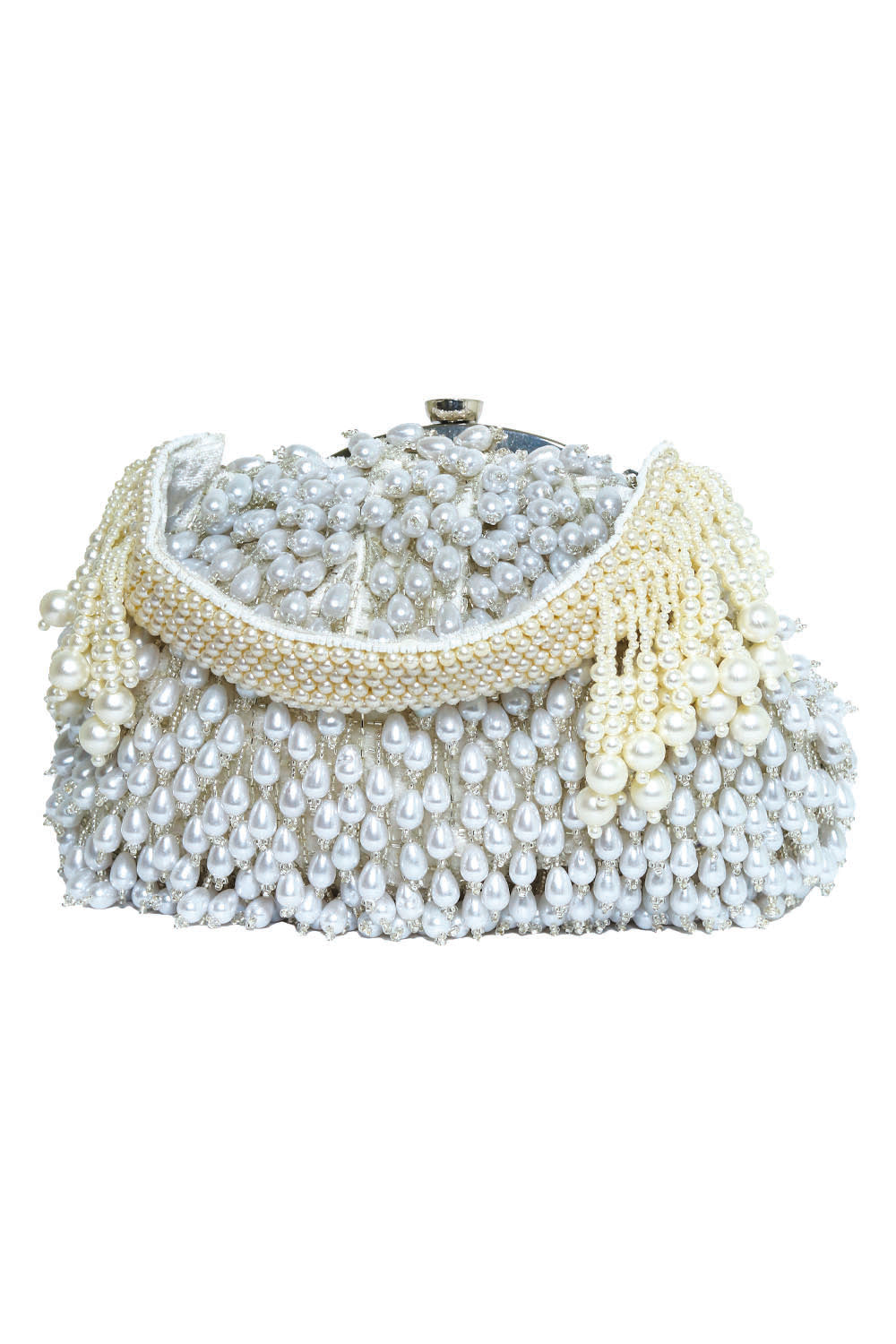 NR By Nidhi Rathi White Embroidered Tasselled Half Moon Clutch