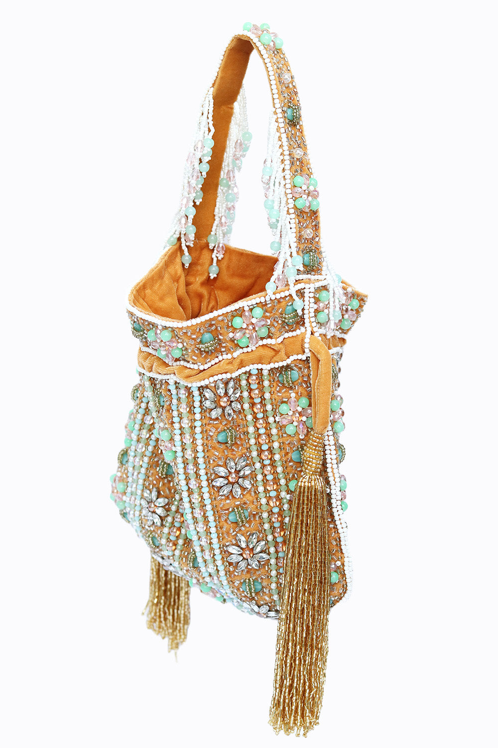 Women_Gold-Toned_Green_Embroidered_Tasselled_Potli_Clutch_nidhi_rathi