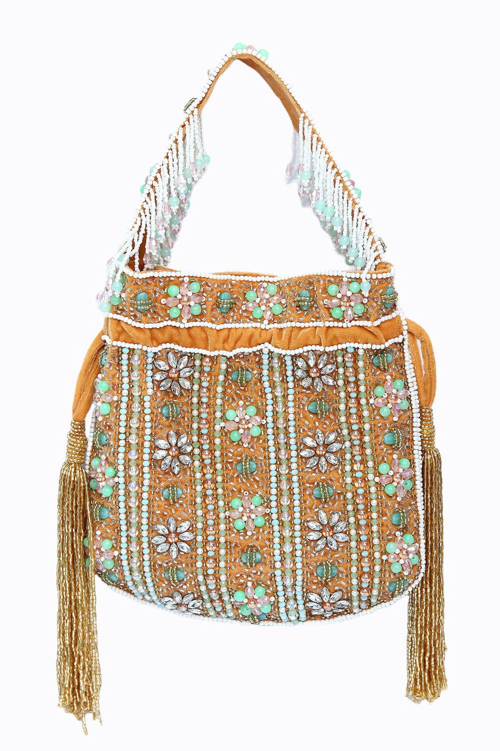 Women_Gold-Toned_Green_Embroidered_Tasselled_Potli_Clutch_nidhi_rathi