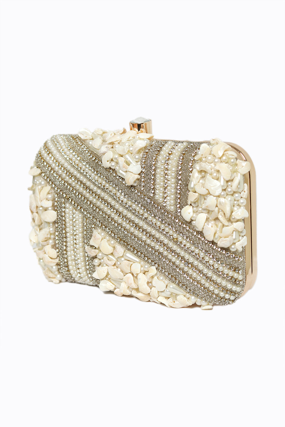 NR By Nidhi Rathi Women White Silver-Toned Embroidered Box Clutch