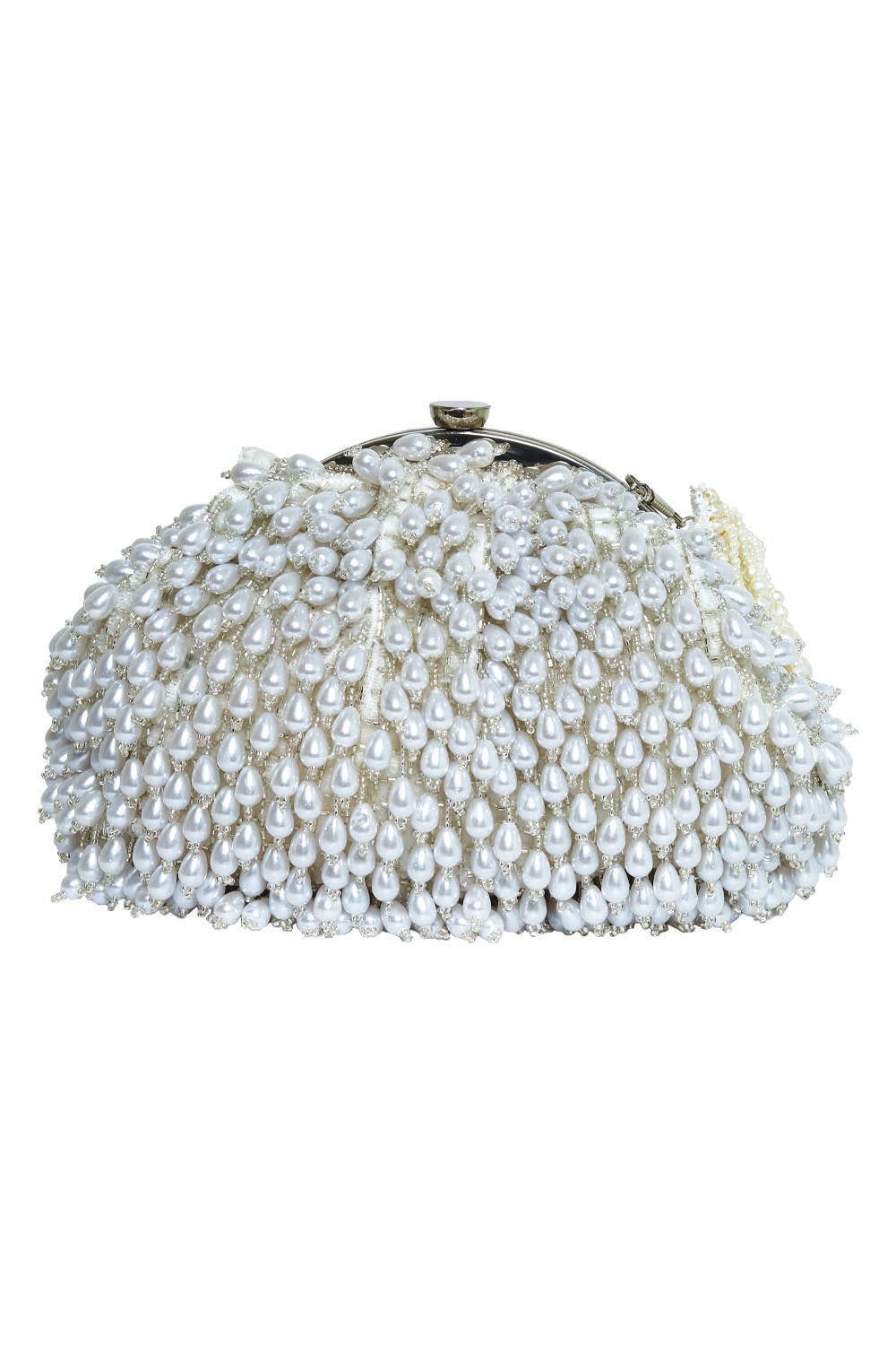 NR By Nidhi Rathi White Embroidered Tasselled Half Moon Clutch