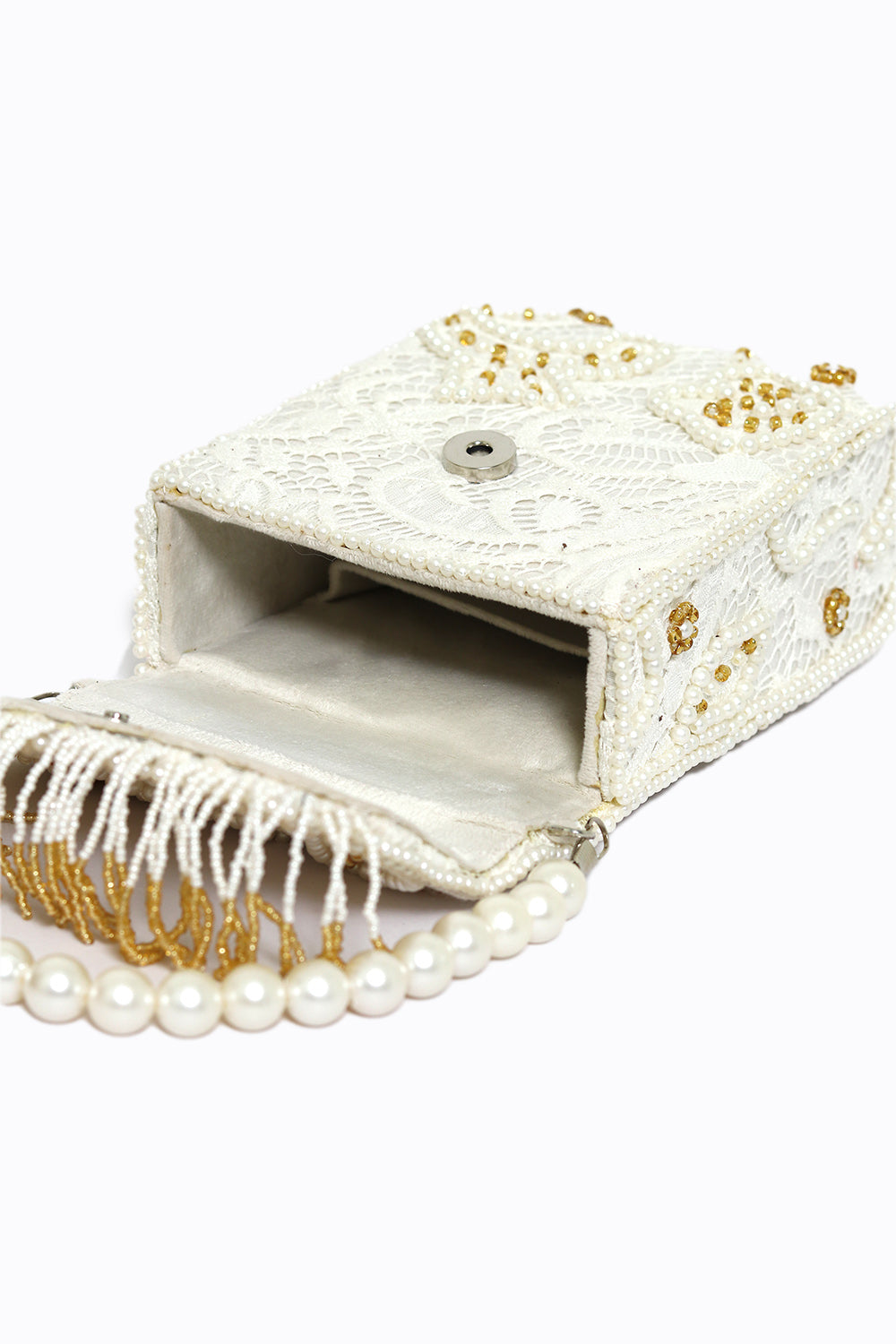 NR By Nidhi Rathi Women White Gold-Toned Embroidered Tasselled Purse Clutch