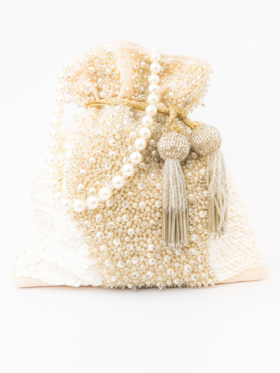NR By Nidhi Rathi White &amp; Gold-Toned Embroidered Potli Clutch