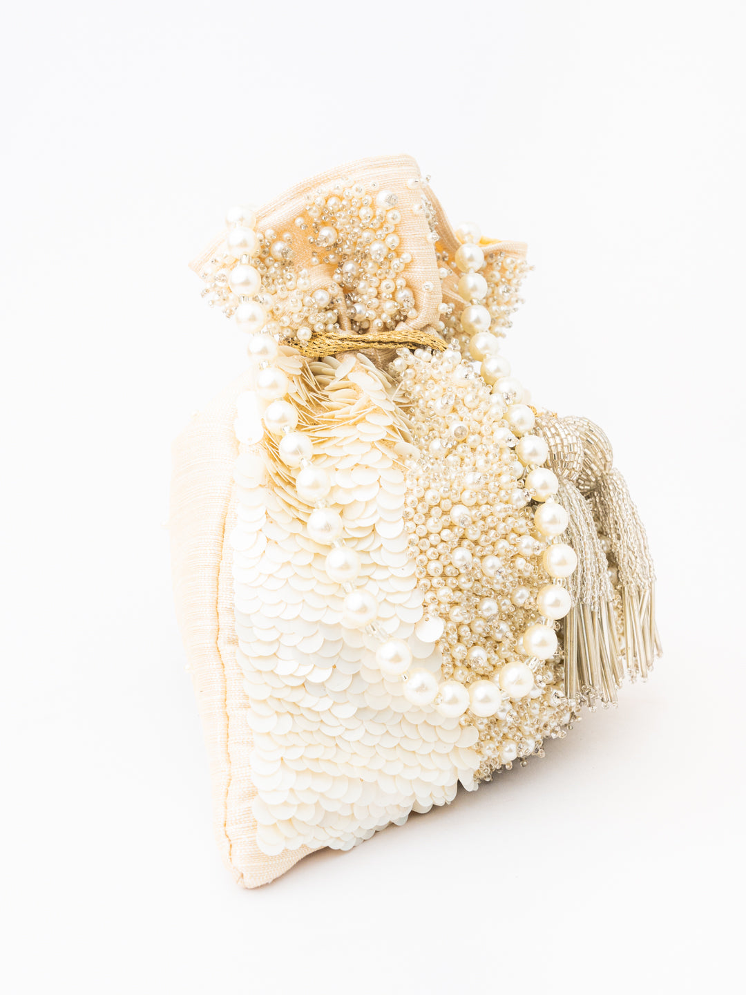 NR By Nidhi Rathi White &amp; Gold-Toned Embroidered Potli Clutch