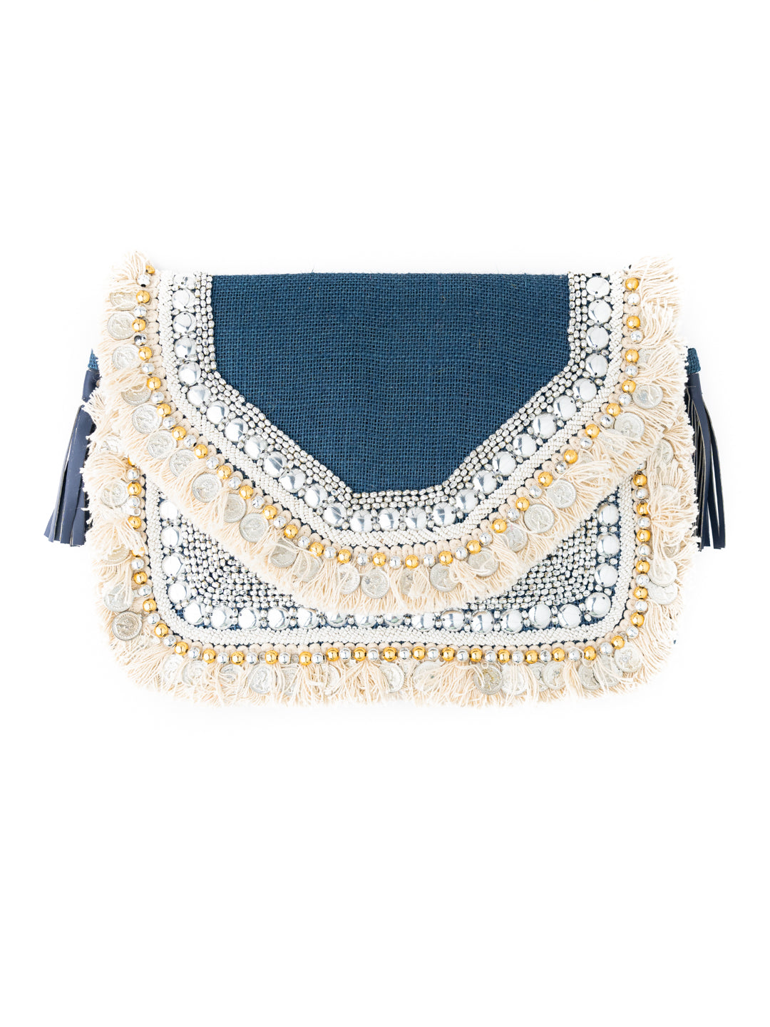 Pochette à rabat brodée bleu marine et beige NR By Nidhi Rathi