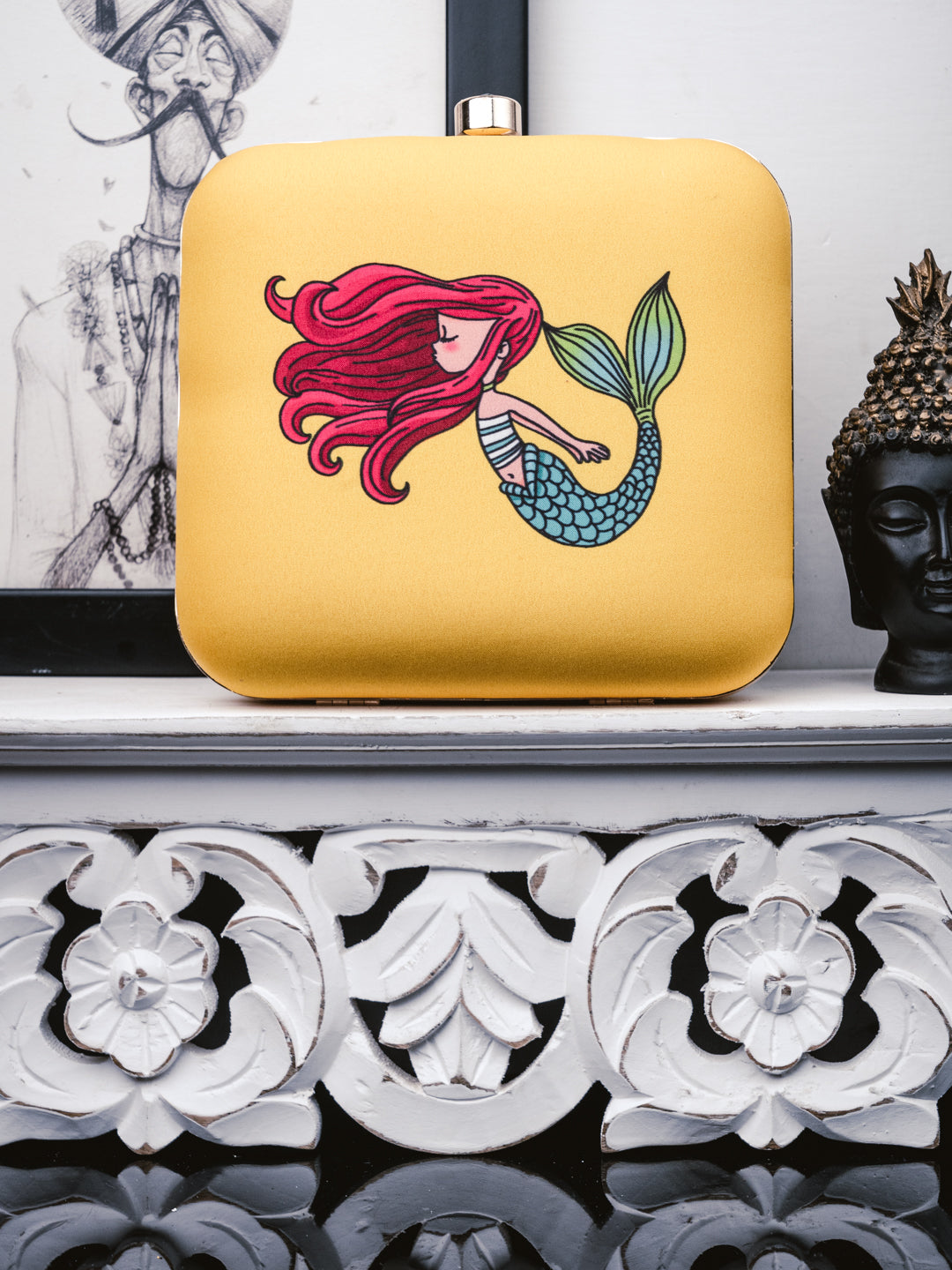 Nidhi_Rathi_Yellow_Red_Mermaid_Printed_Box_Clutch