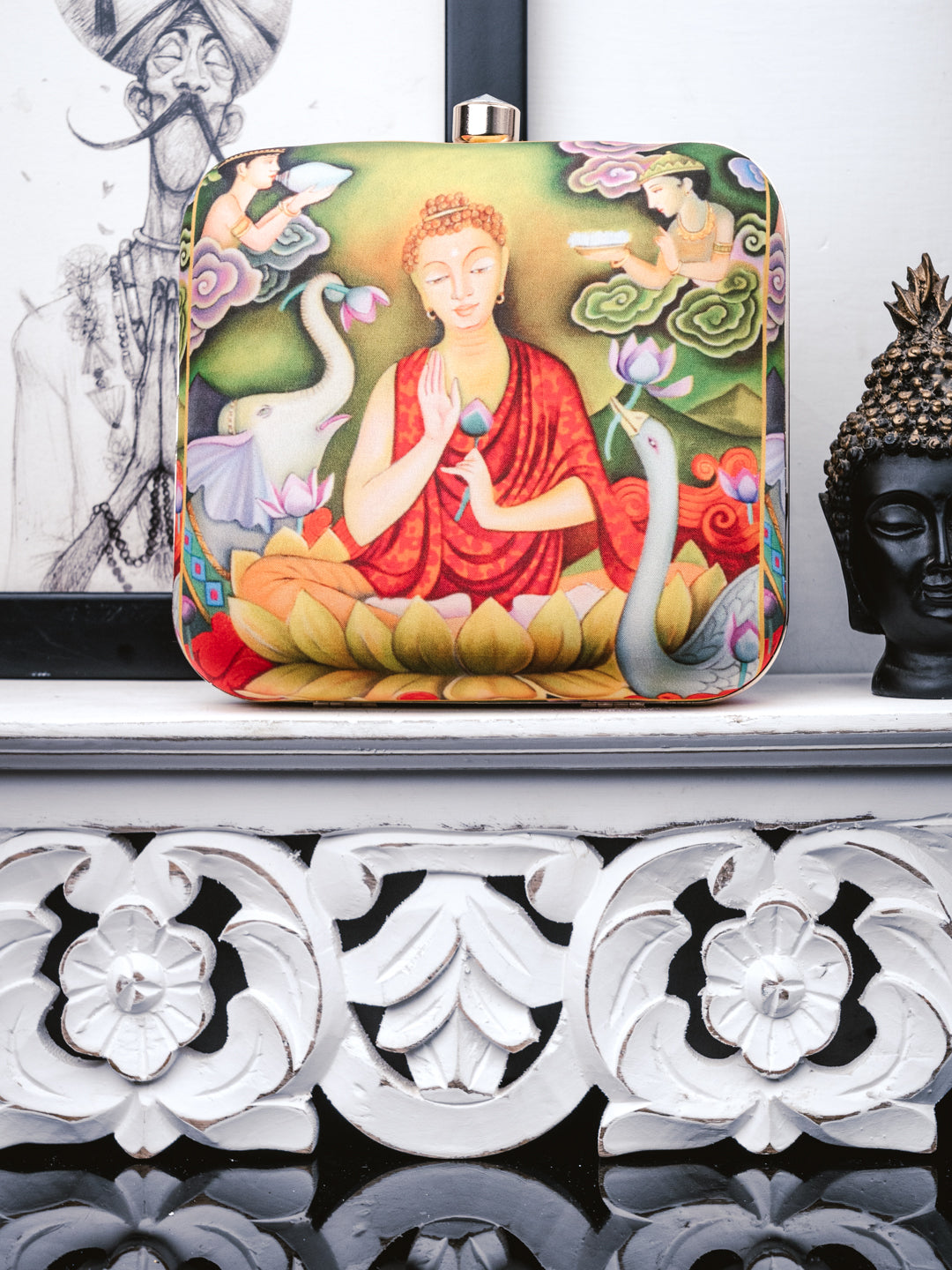 Nidhi_Rathi_Red_Green_Buddha_Printed_Box_Clutch