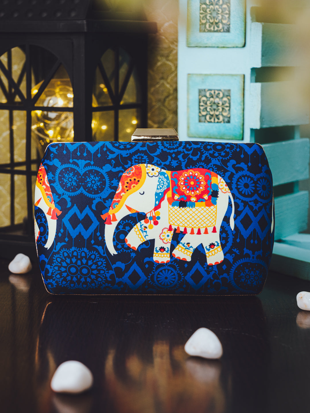 Nidhi_Rathi_Peach-Coloured_Blue_Elephant_Printed_Embellished_Box_Clutch