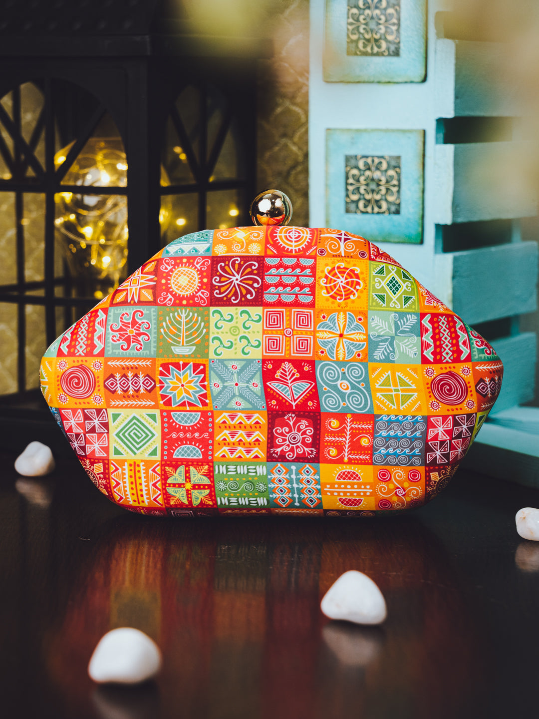 Nidhi_Rathi_Peach-Coloured_Green_Warli_Printed_Box_Clutch