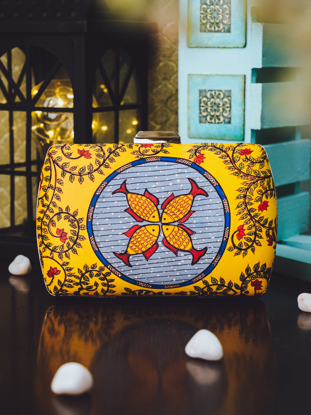 Nidhi_Rathi_Yellow_Blue_Fish_Mandala_Printed_Box_Clutch