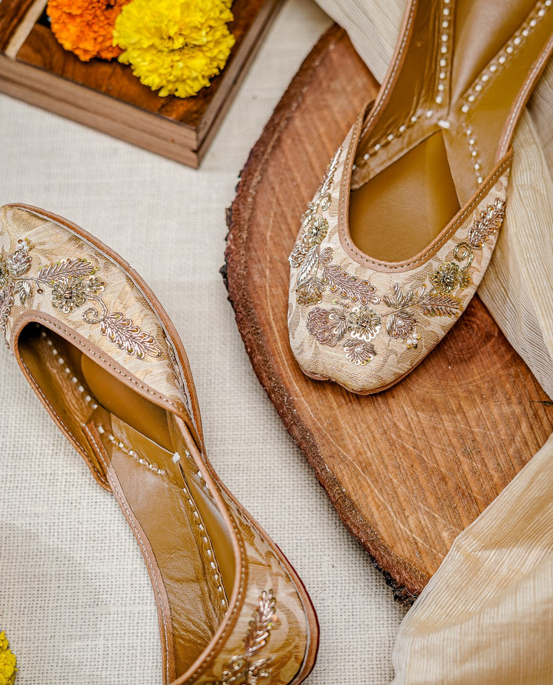 NR By Nidhi Rathi Women Golden Brocade Leather Ethnic Mojaris Flats