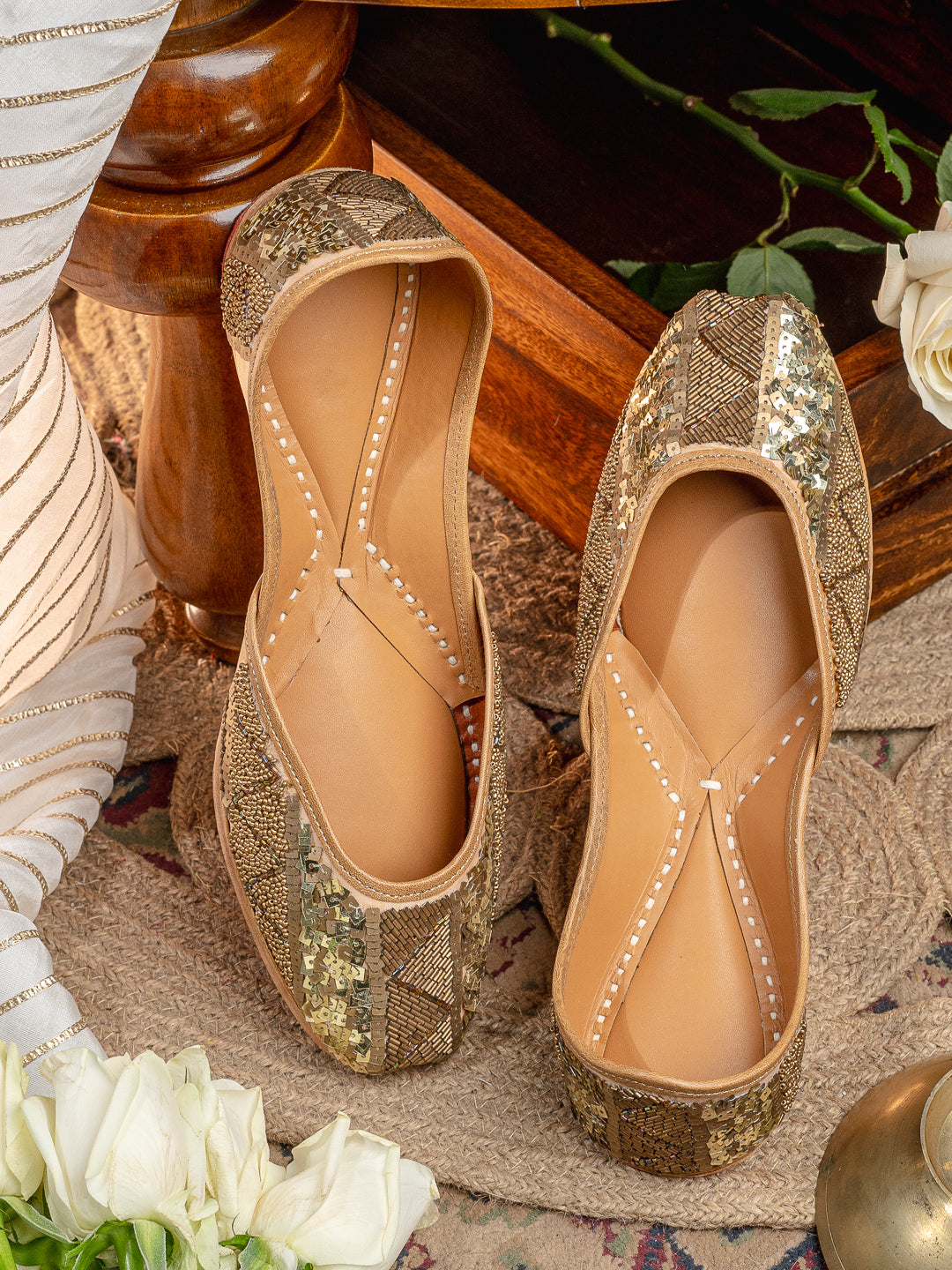 NR By Nidhi Rathi Women Antique Gold Embellised Leather Ethnic Mojaris Flats