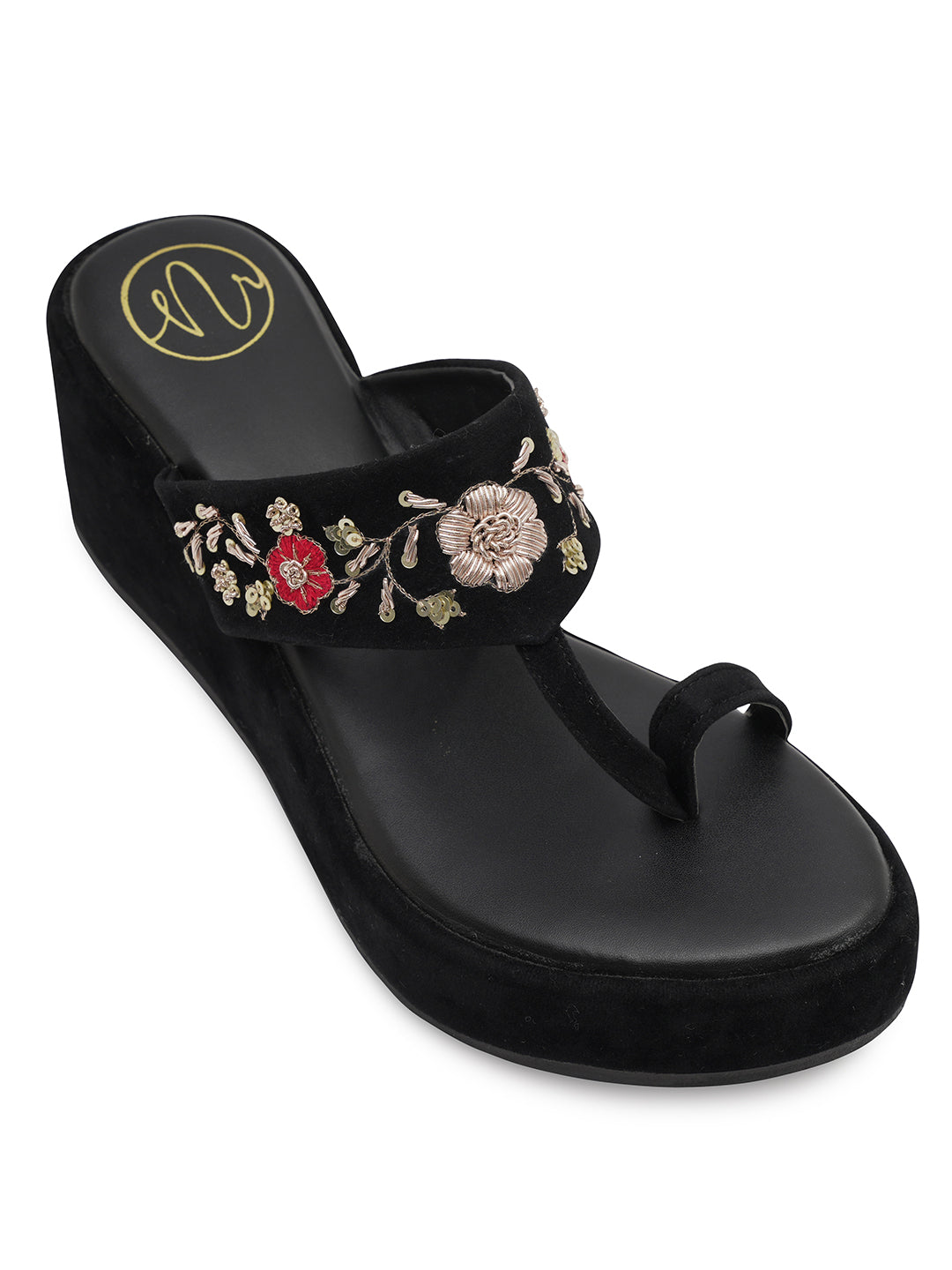Embellished Velvet Ethnic Wedge Sandals