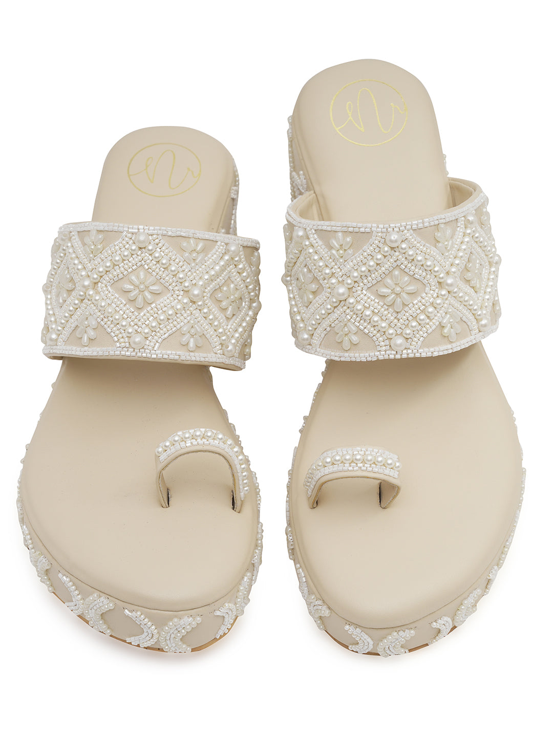 Beige Embellished Wedge Heels