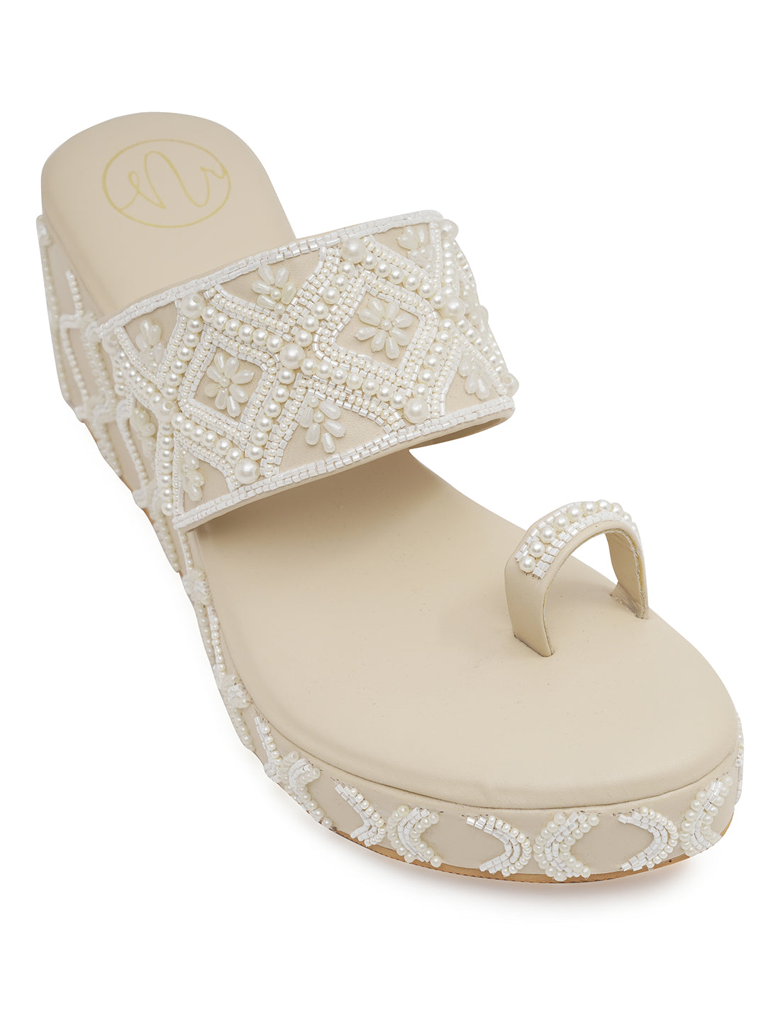 Beige Embellished Wedge Heels