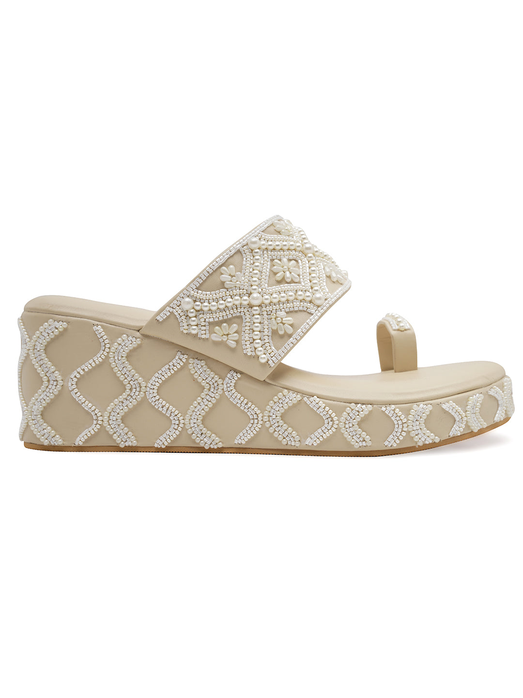 Beige Embellished Wedge Heels