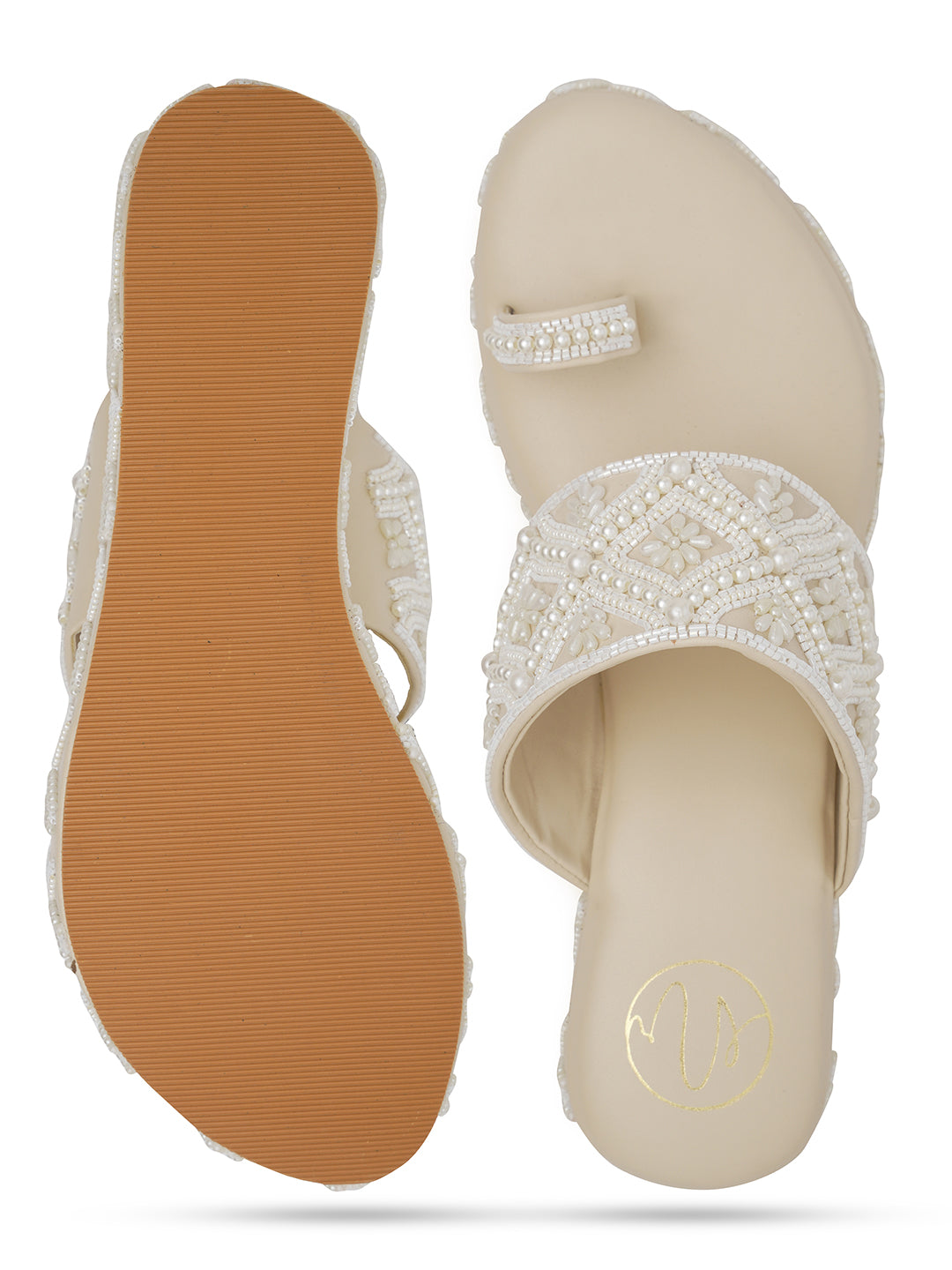 Beige Embellished Wedge Heels