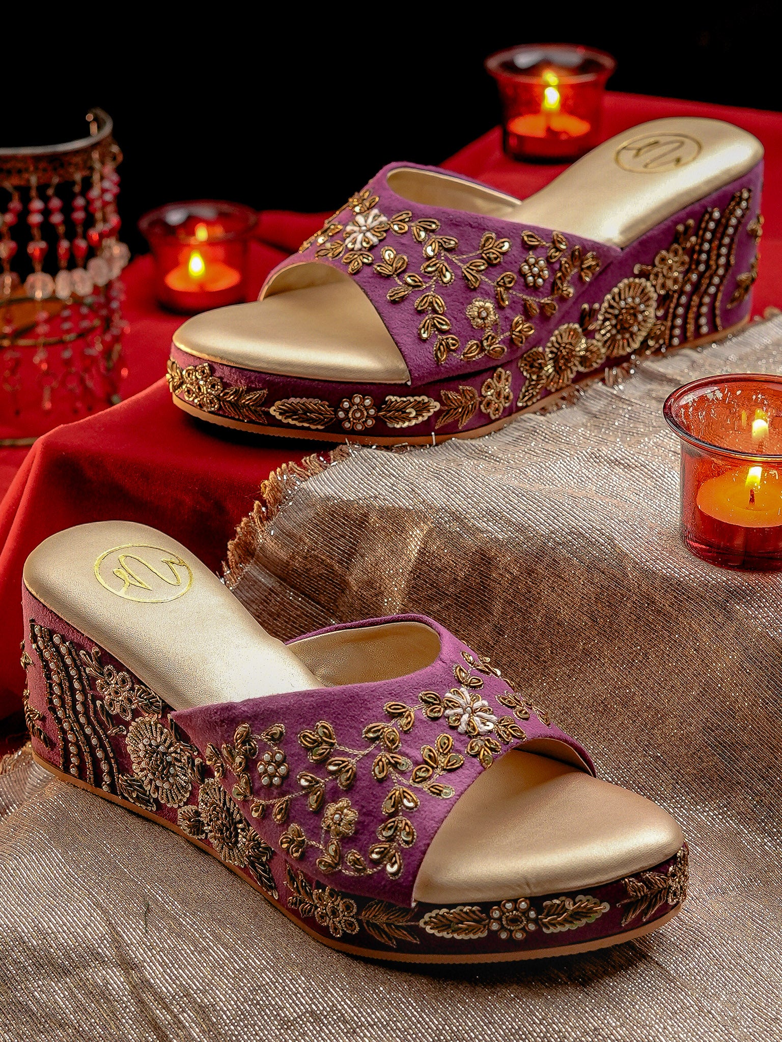 Embellished Velvet Ethnic Wedge Sandals