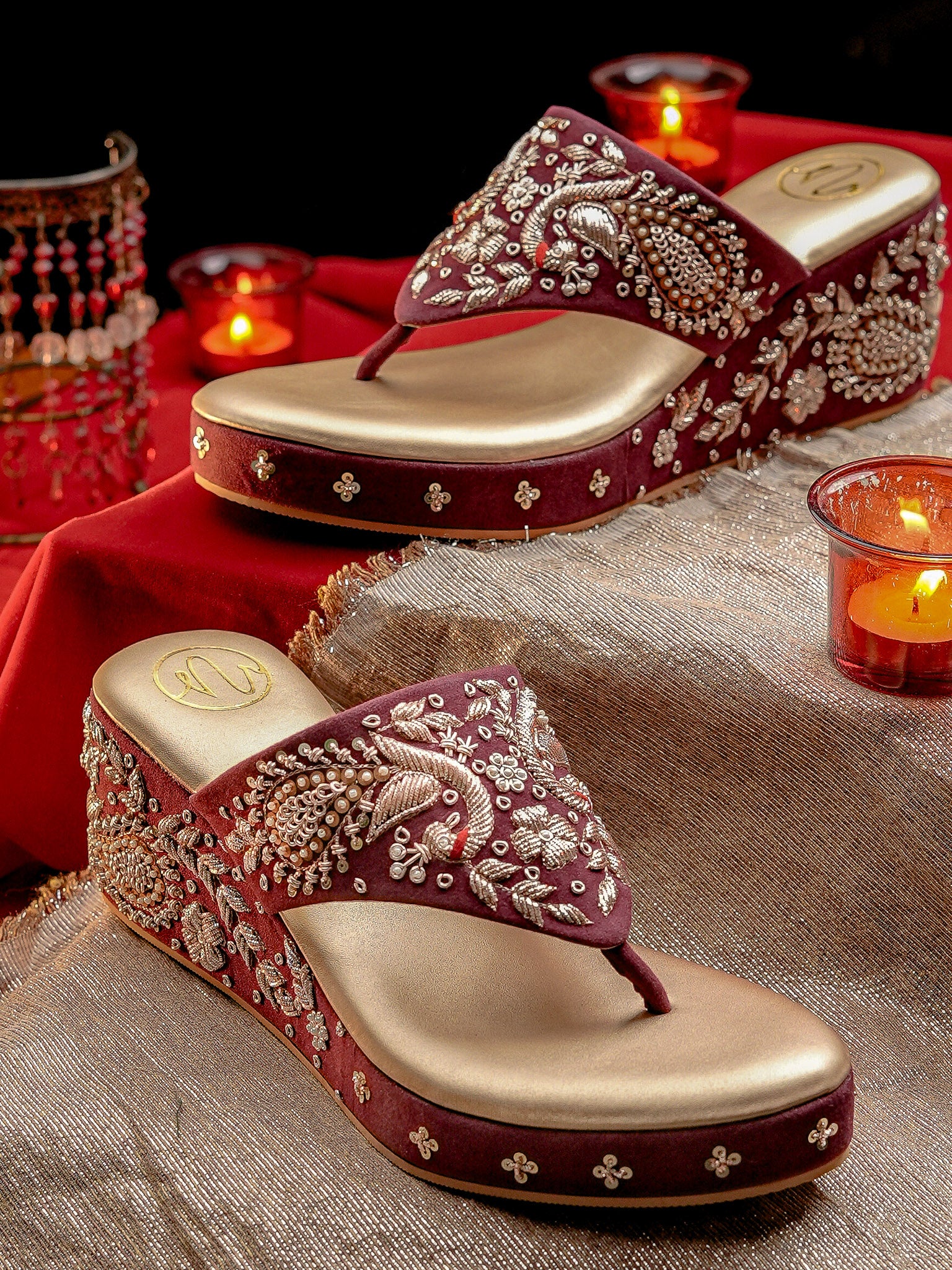Women Marron Embellished Velvet Ethnic Wedge Heels Sandals