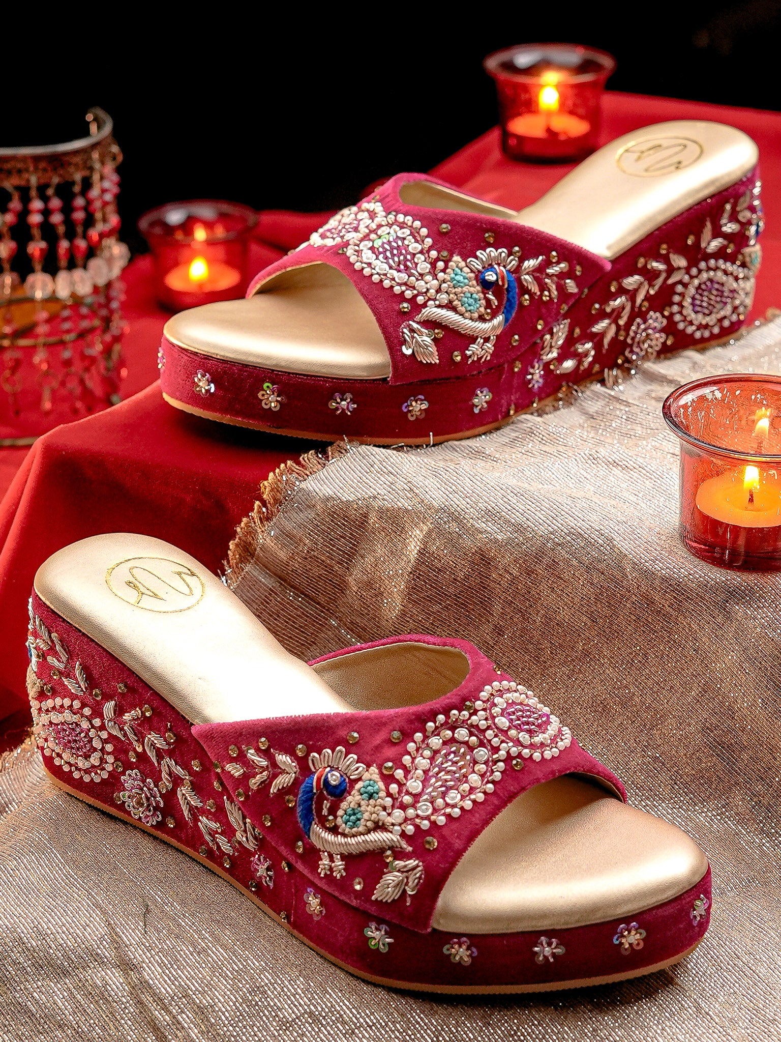 Women Embellished Velvet Ethnic Wedge Sandals