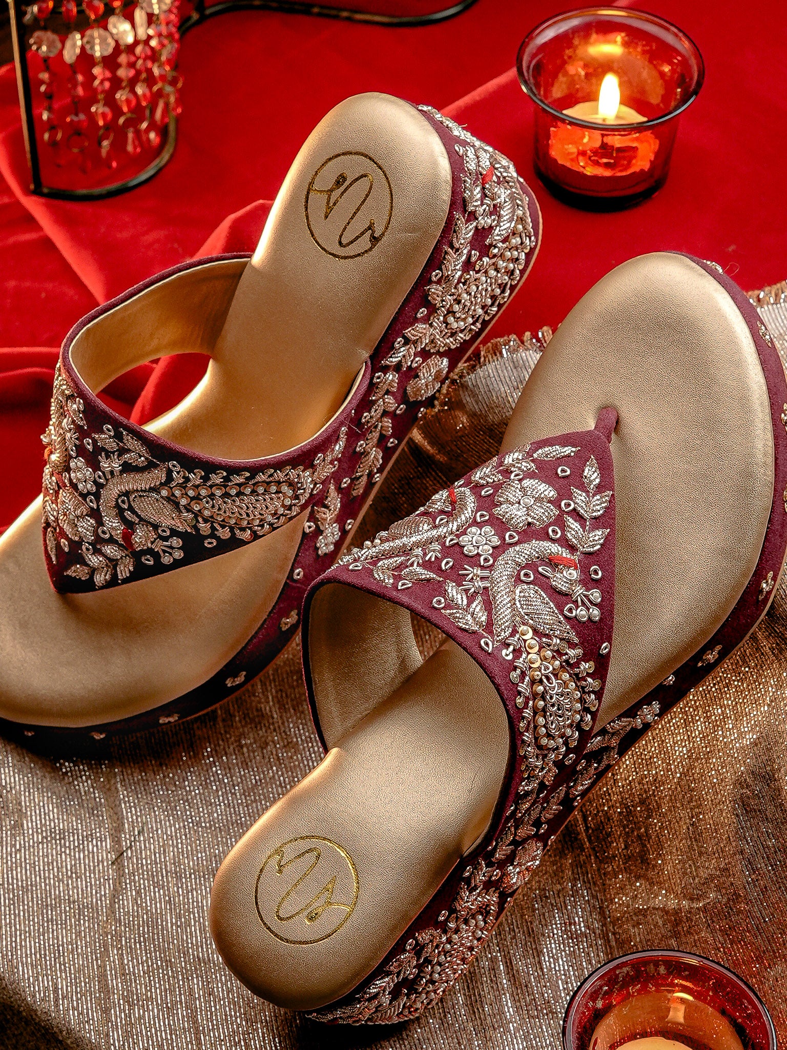 Women Marron Embellished Velvet Ethnic Wedge Heels Sandals
