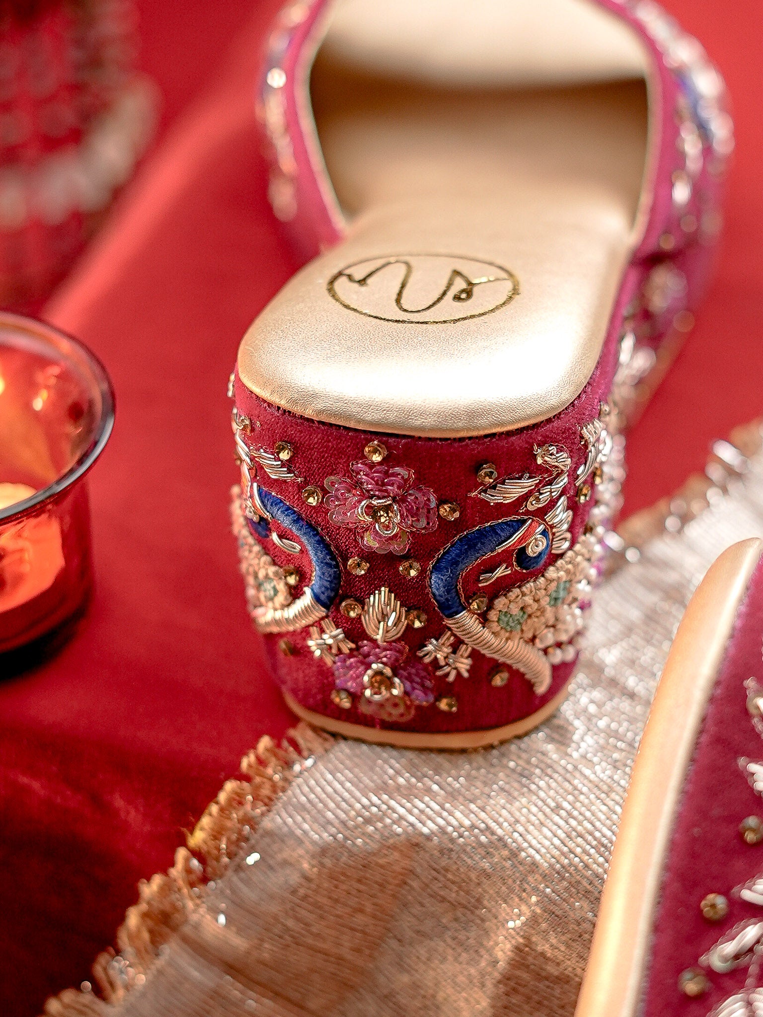 Women Embellished Velvet Ethnic Wedge Sandals