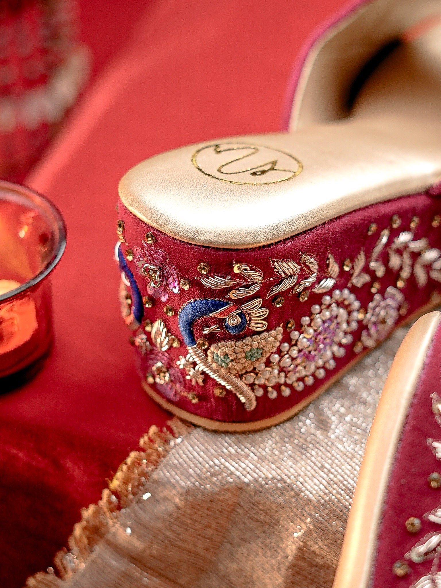 Women Embellished Velvet Ethnic Wedge Sandals