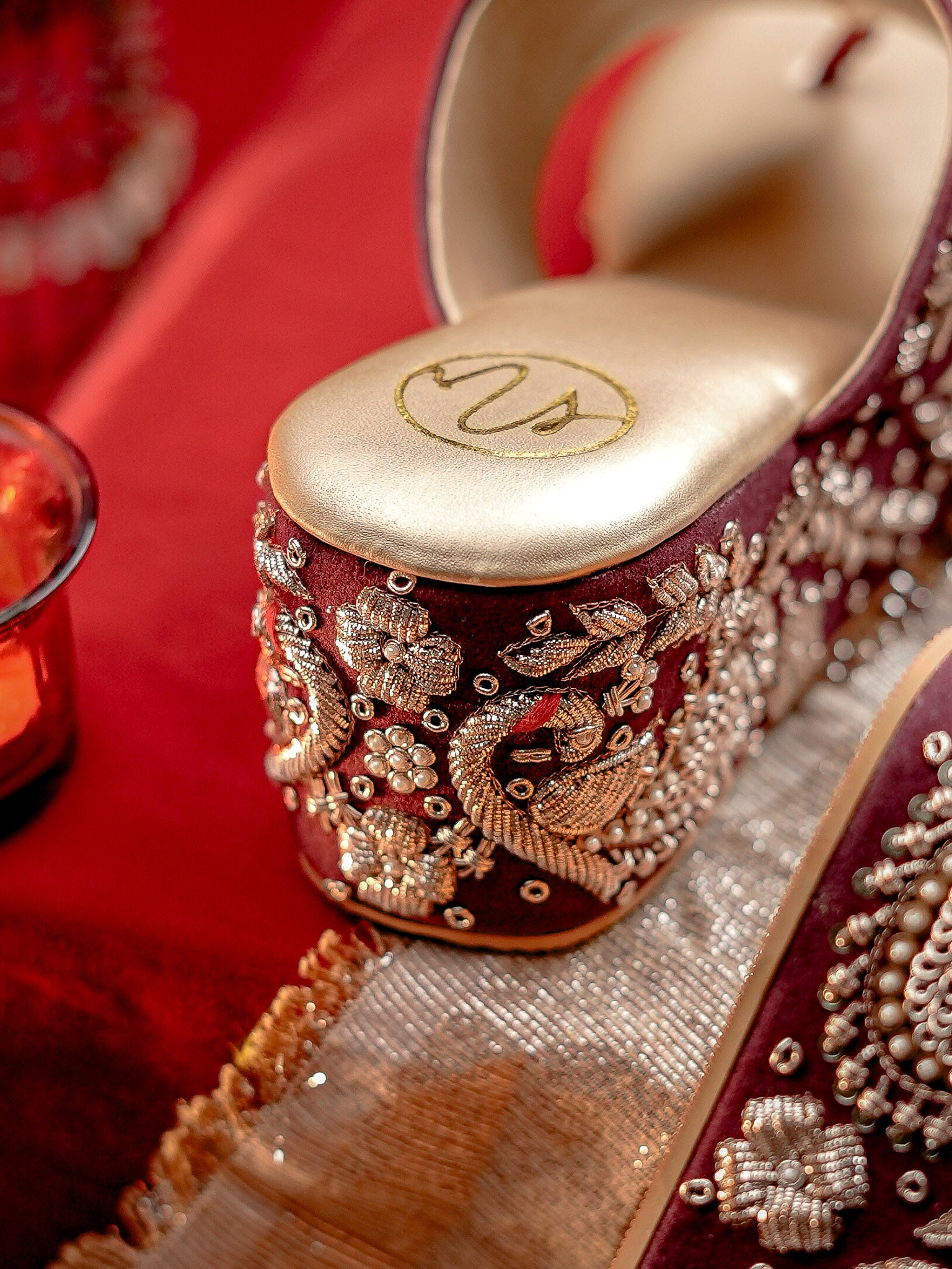 Women Marron Embellished Velvet Ethnic Wedge Heels Sandals