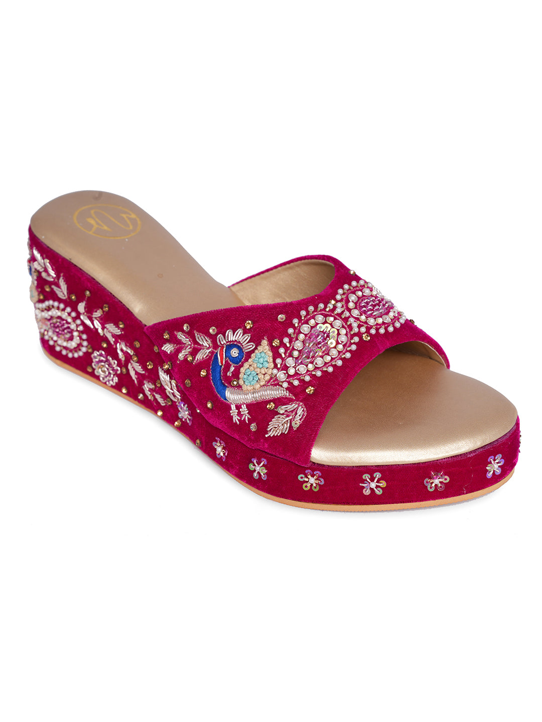 Women Embellished Velvet Ethnic Wedge Sandals
