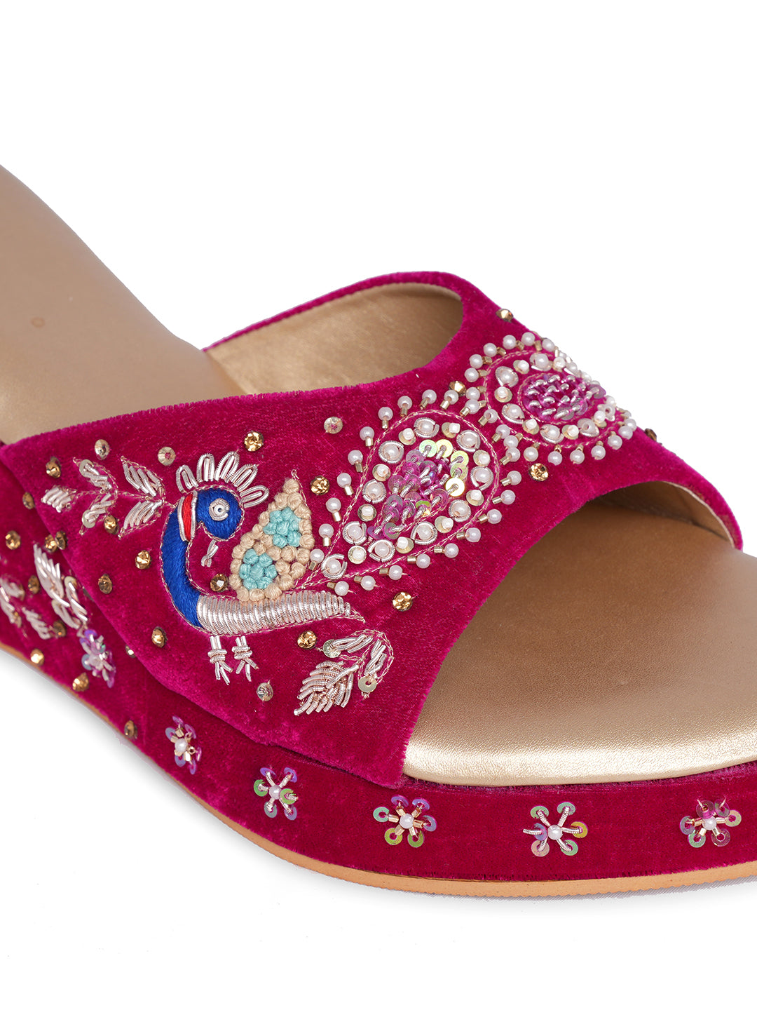 Women Embellished Velvet Ethnic Wedge Sandals