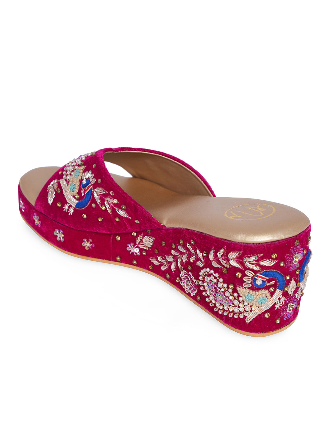 Women Embellished Velvet Ethnic Wedge Sandals