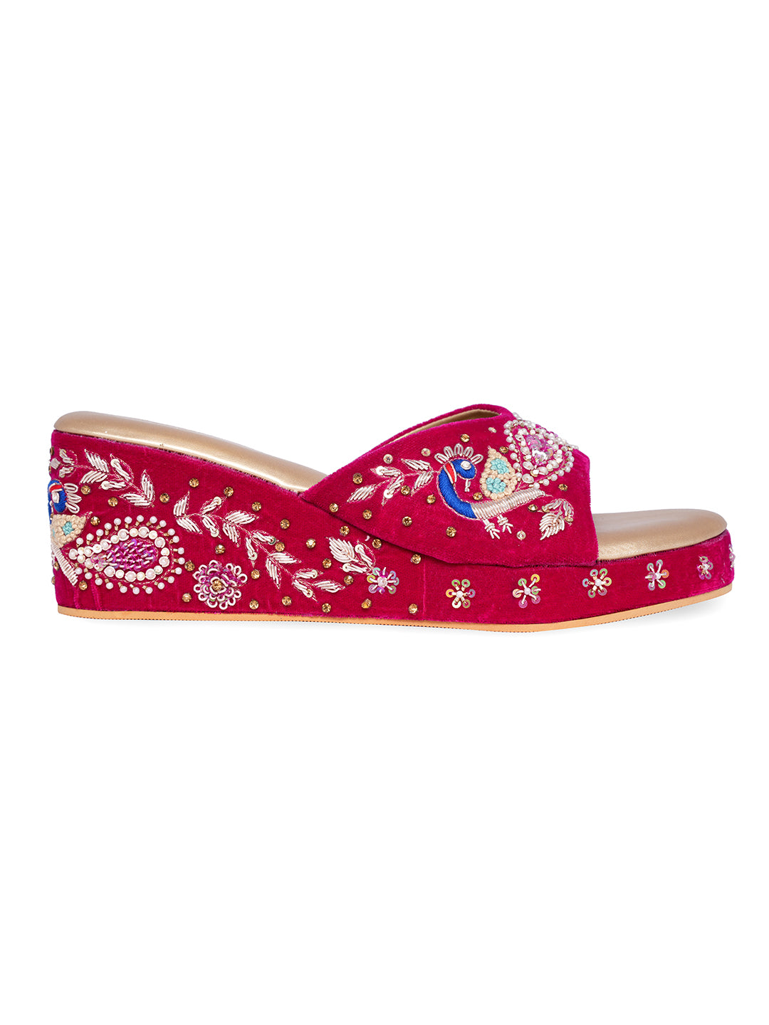 Women Embellished Velvet Ethnic Wedge Sandals