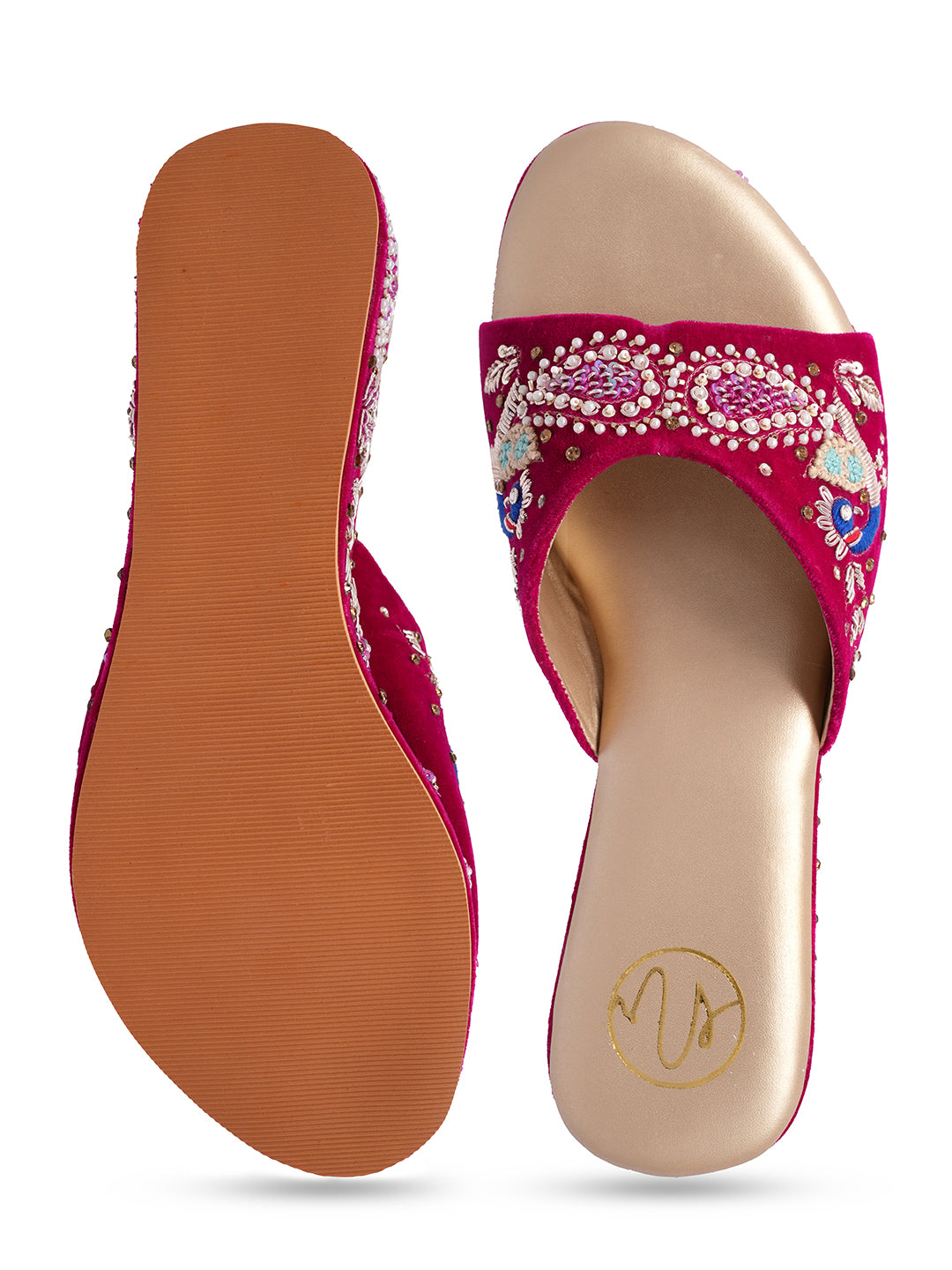 Women Embellished Velvet Ethnic Wedge Sandals