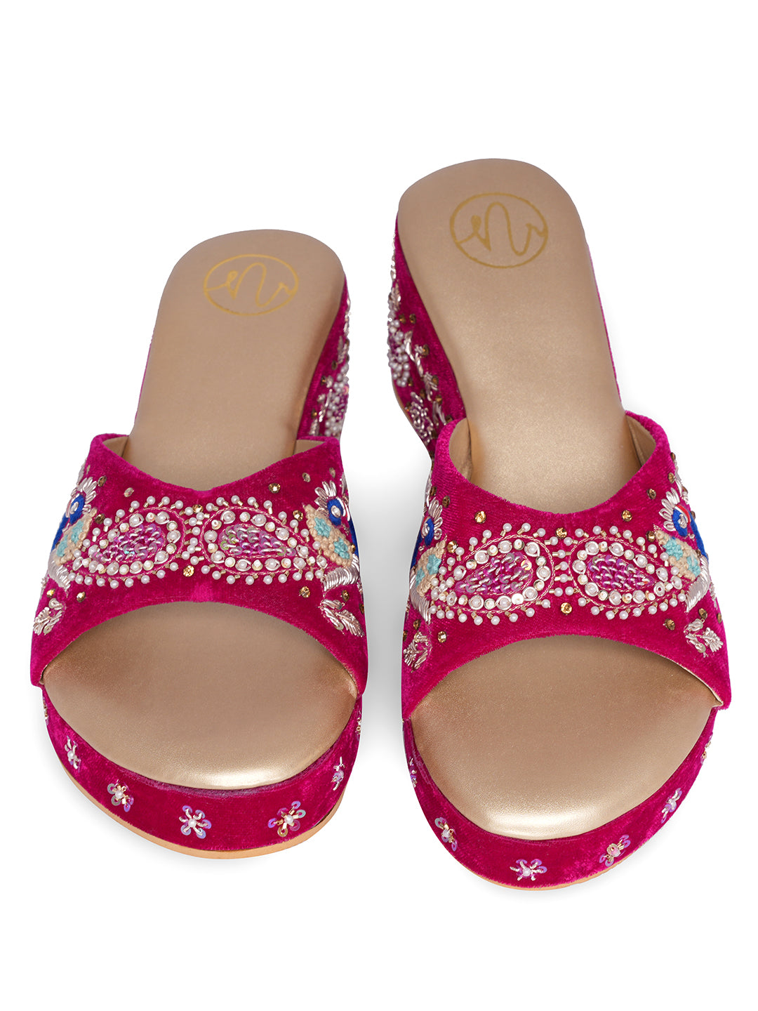 Women Embellished Velvet Ethnic Wedge Sandals