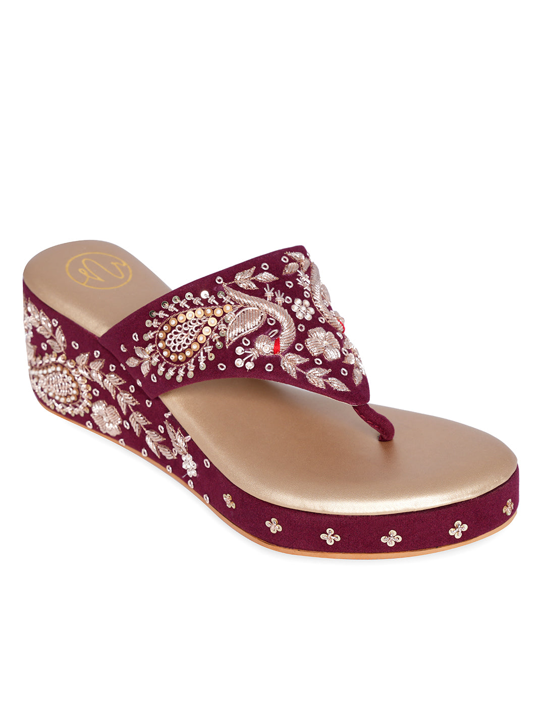 Women Marron Embellished Velvet Ethnic Wedge Heels Sandals
