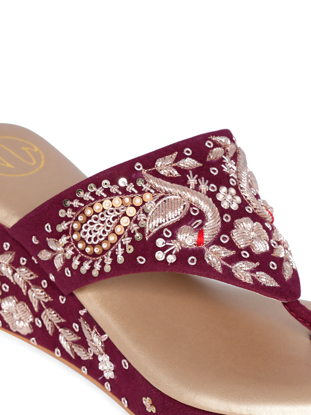 Women Marron Embellished Velvet Ethnic Wedge Heels Sandals