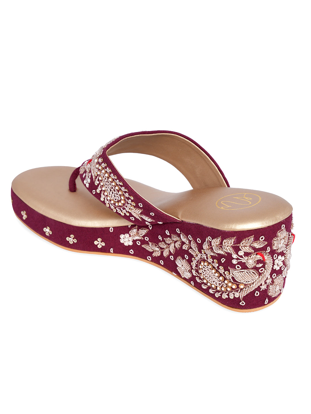 Women Marron Embellished Velvet Ethnic Wedge Heels Sandals