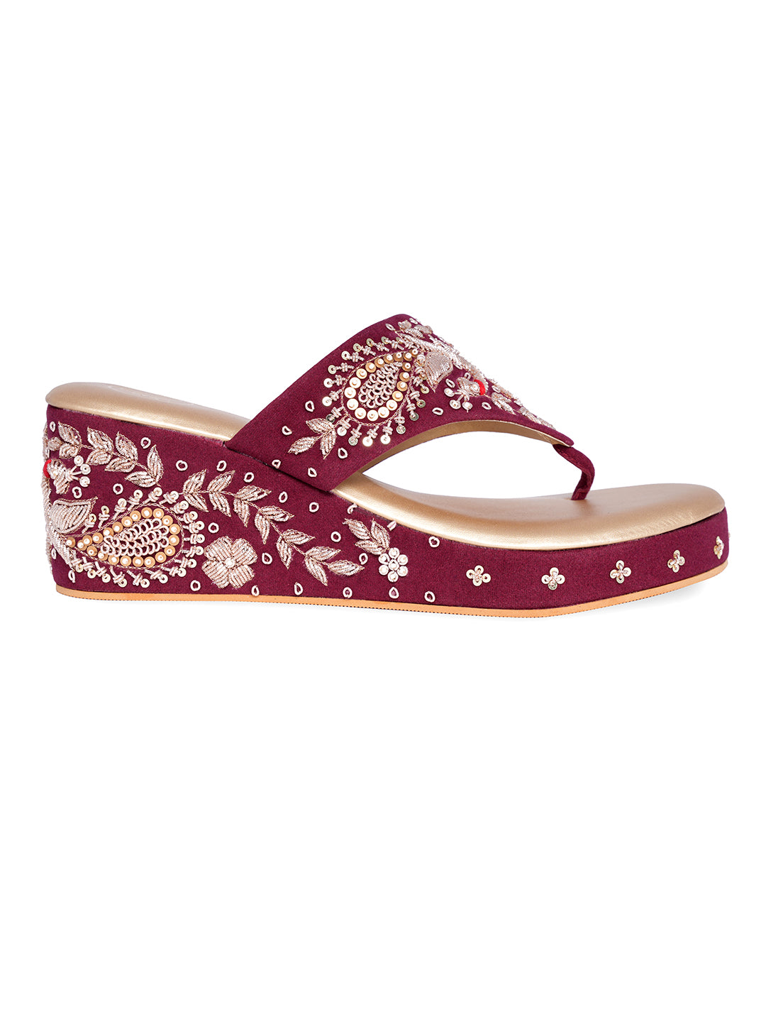 Women Marron Embellished Velvet Ethnic Wedge Heels Sandals