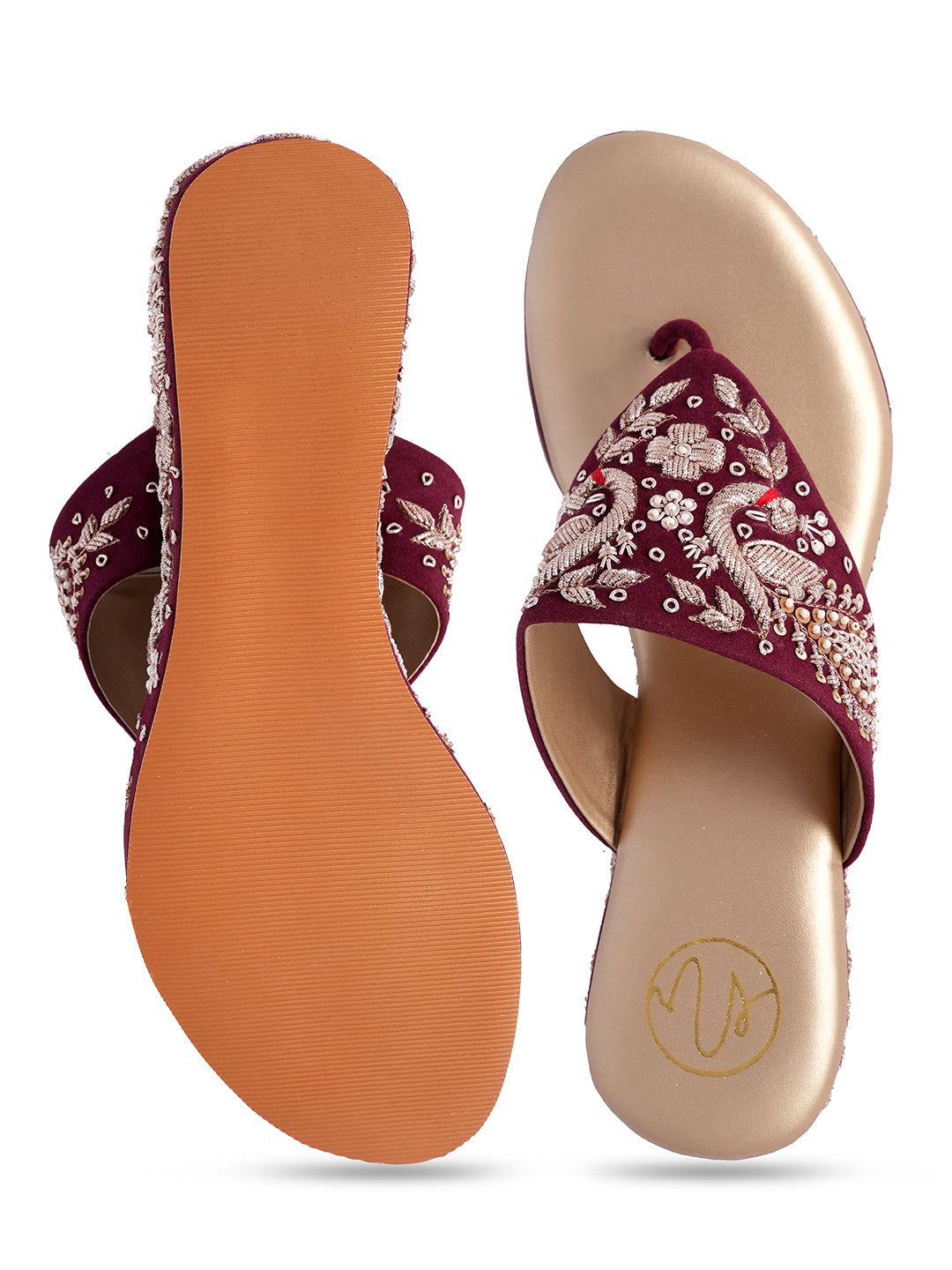 Women Marron Embellished Velvet Ethnic Wedge Heels Sandals