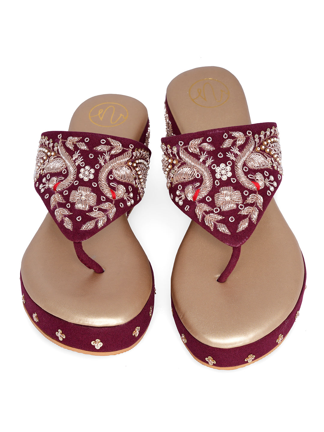 Women Marron Embellished Velvet Ethnic Wedge Heels Sandals