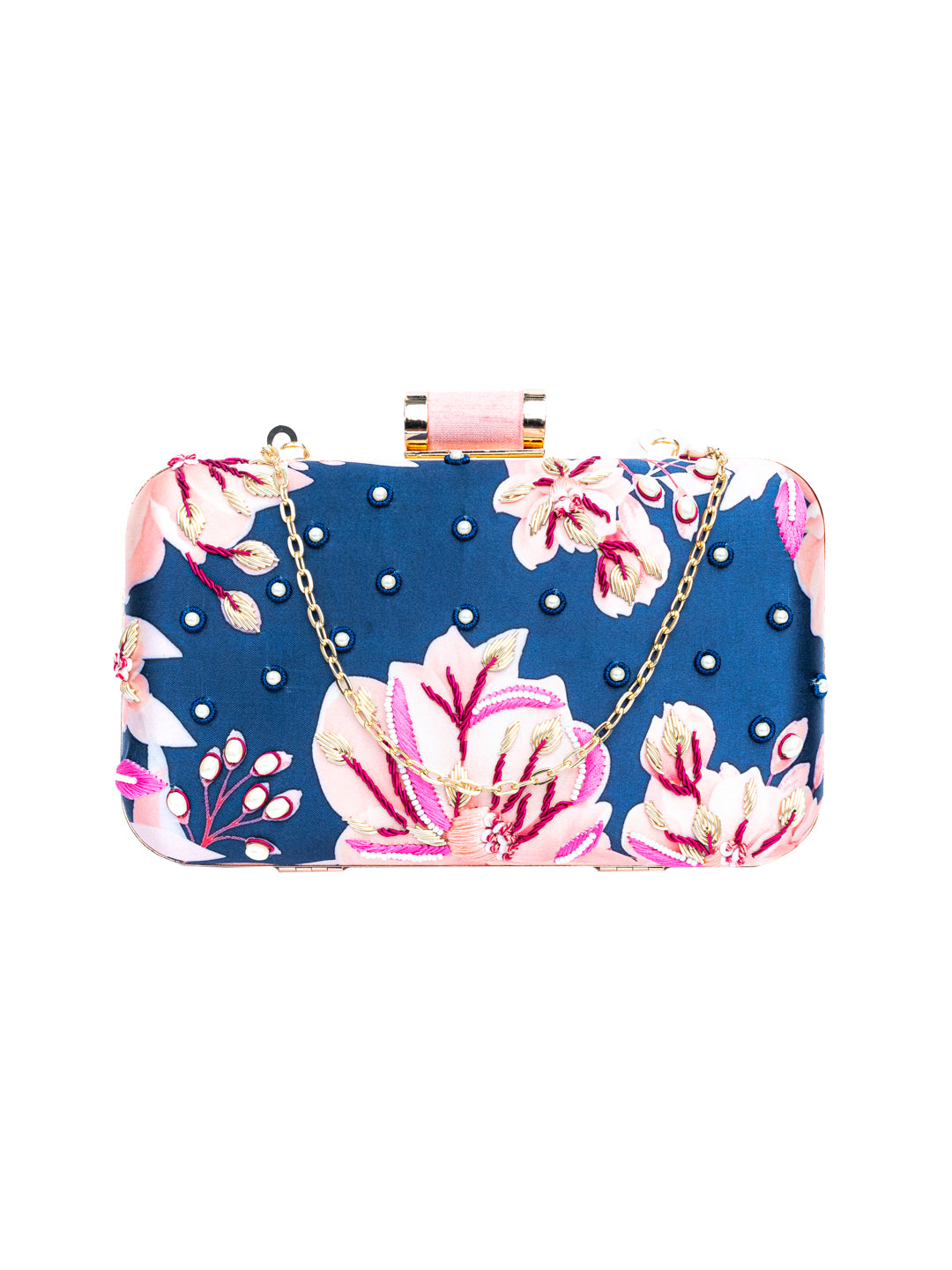 NR By Nidhi Rathi Navy Blue Pink Embellished Box Clutch