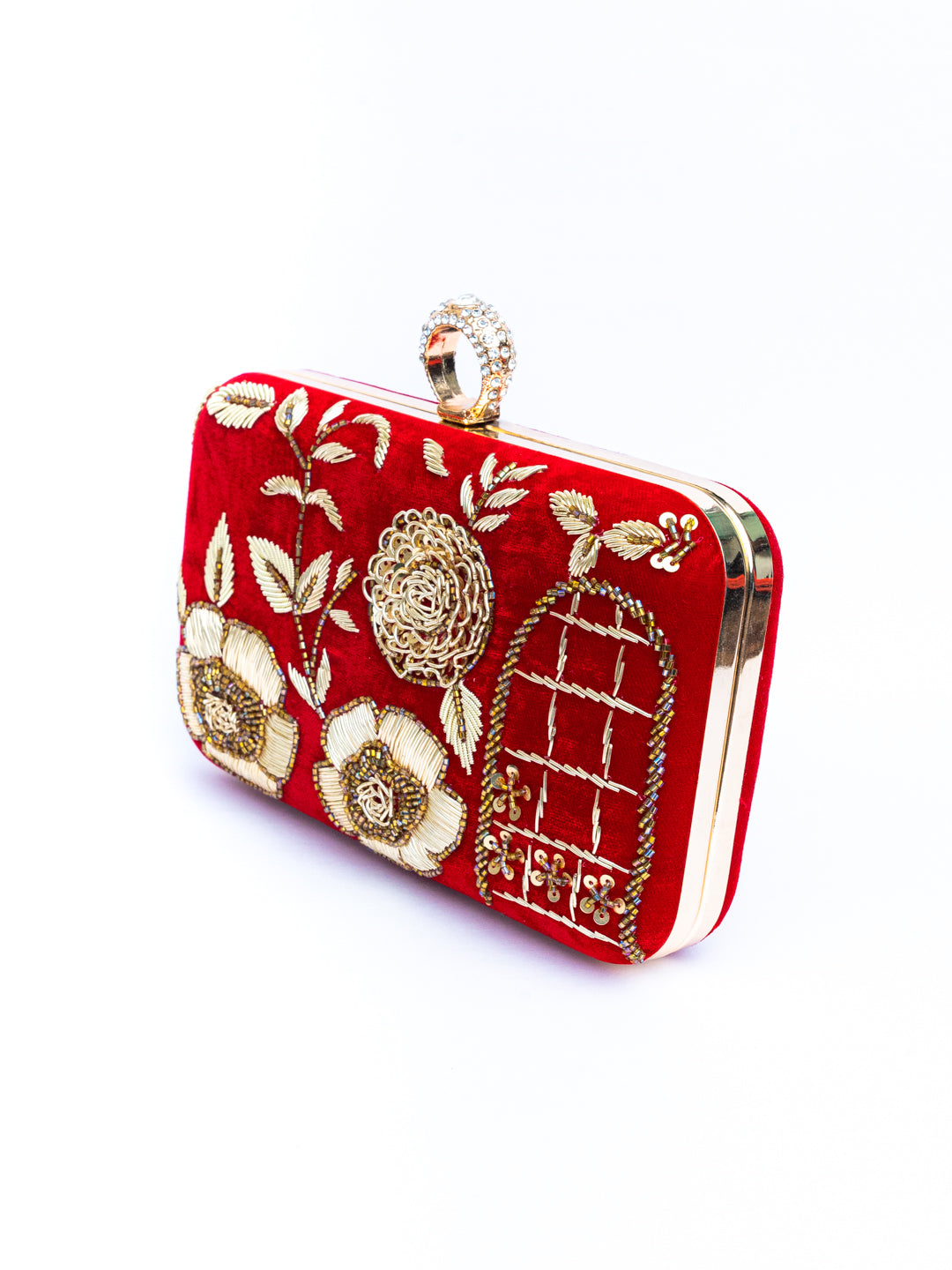 NR By Nidhi Rathi Red Gold-Toned Embroidered Box Clutch